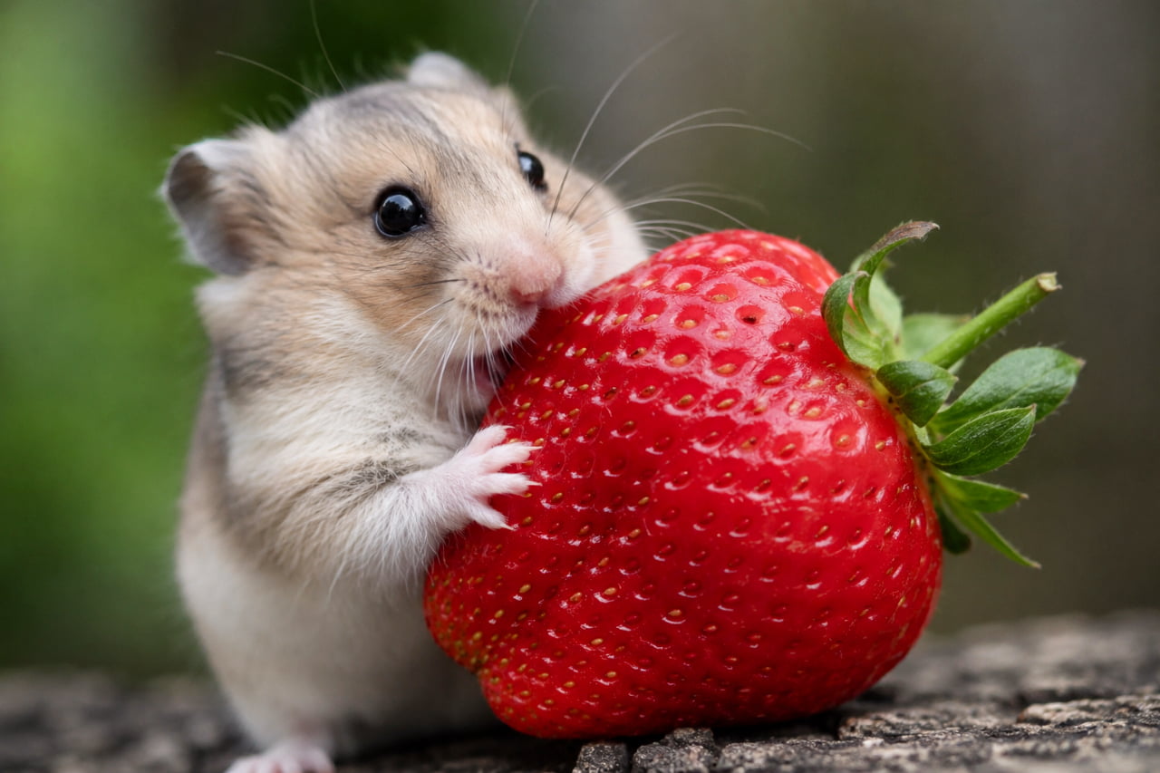 「大きなイチゴを独り占め🍓✨ おててでしっかり抱える姿がたまらない！美味しいお顔にキュンとします🐹💕 #いちご好き #ハムスターの日常」Ultra-realistic high-quality macro photograph of a Roborovski hamster holding and eating a giant, vibrant red strawberry with its tiny paws against a lush green bokeh background, showcasing crisp details of the fruit and the hamster's whiskers. 緑豊かな自然のボケを背景に、ロボロフスキーハムスターが自分と同じくらい大きな真っ赤なイチゴを小さな両手で抱え、一生懸命に食べている超高画質写真。瑞々しいイチゴの種や葉のディテール、ハムスターの輝く黒い瞳と繊細なヒゲがマクロレンズのような視点で鮮明に描写されています