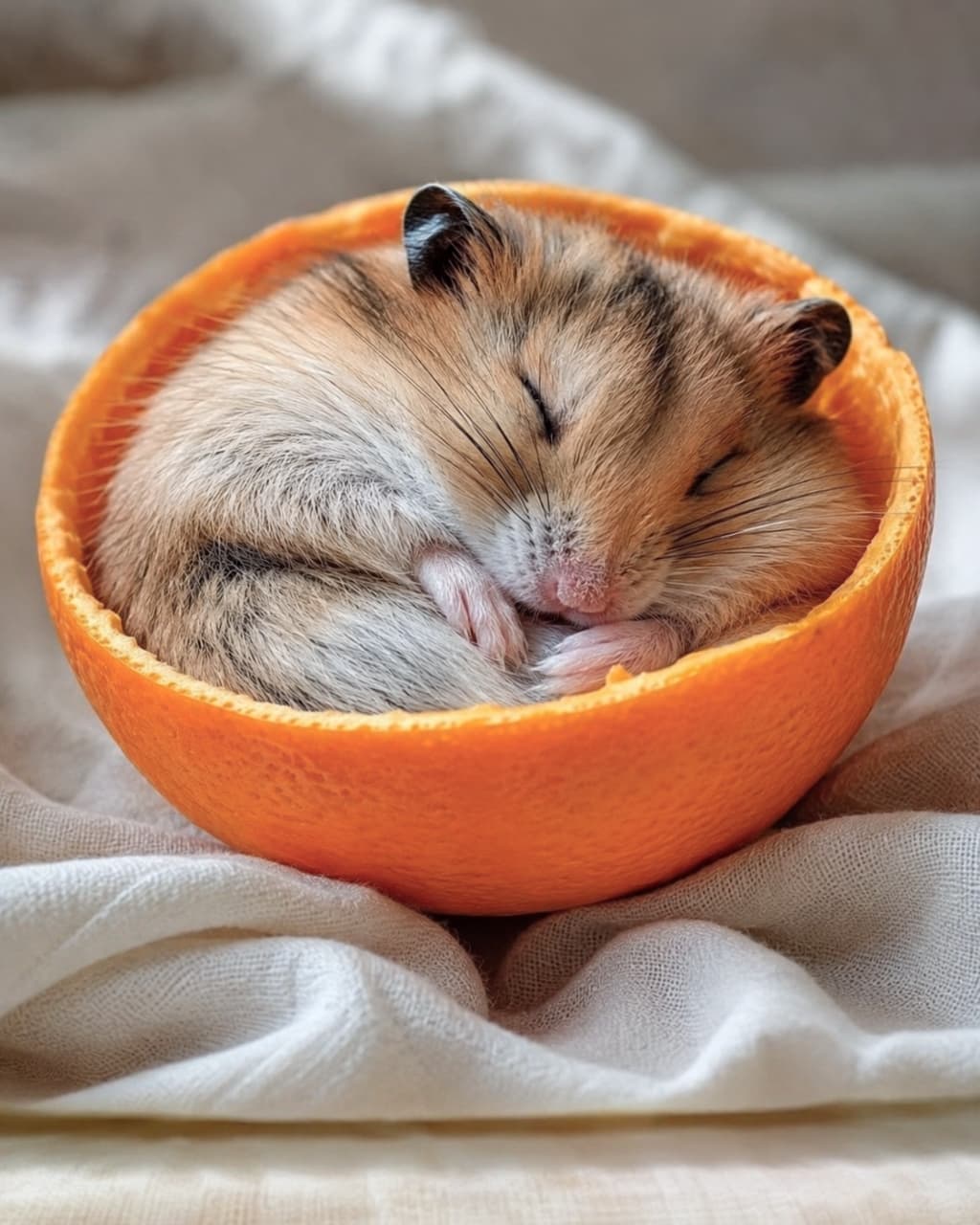 「すっぽりフィット🍊💤 オレンジの香りに包まれて、どんな甘い夢を見ているのかな？癒し度120%です🐹💖 #ハムスター部 #おやすみ」Ultra-realistic high-quality photograph of a Djungarian hamster sleeping soundly curled up inside a bright orange peel half resting on soft white fabric, bathed in warm, gentle natural light highlighting its tiny pink paws and soft fur. 白い柔らかな布の上に置かれた、半分に切った鮮やかなオレンジの皮の中で、丸くなってすやすやと眠るジャンガリアンハムスターの超高画質写真。ギュッと閉じた目元や、ピンク色の小さな手足、ふんわりとした毛並みが、暖かく優しい自然光に包まれています