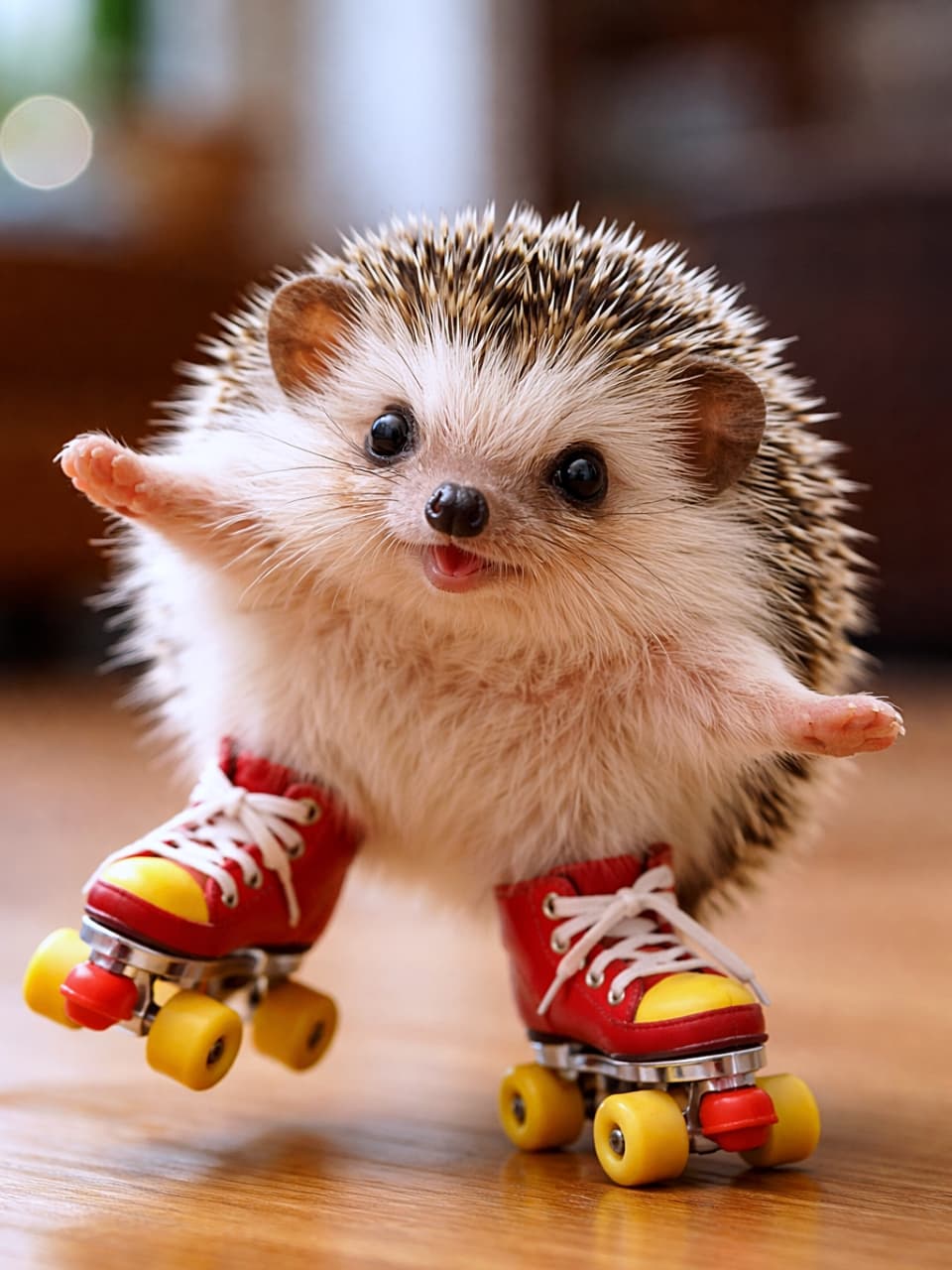 「小さなローラースケートで必死にバランス！がんばれ〜って応援したくなる可愛さ✨」A cute hedgehog wearing tiny red roller skates, trying to keep balance on a smooth wooden floor, close-up with warm indoor lighting, photorealistic. 小さな赤いローラースケートを履いたハリネズミが、滑らかな木の床の上でバランスを取ろうとしているクローズアップ写真。暖かい室内光のフォトリアルな描写