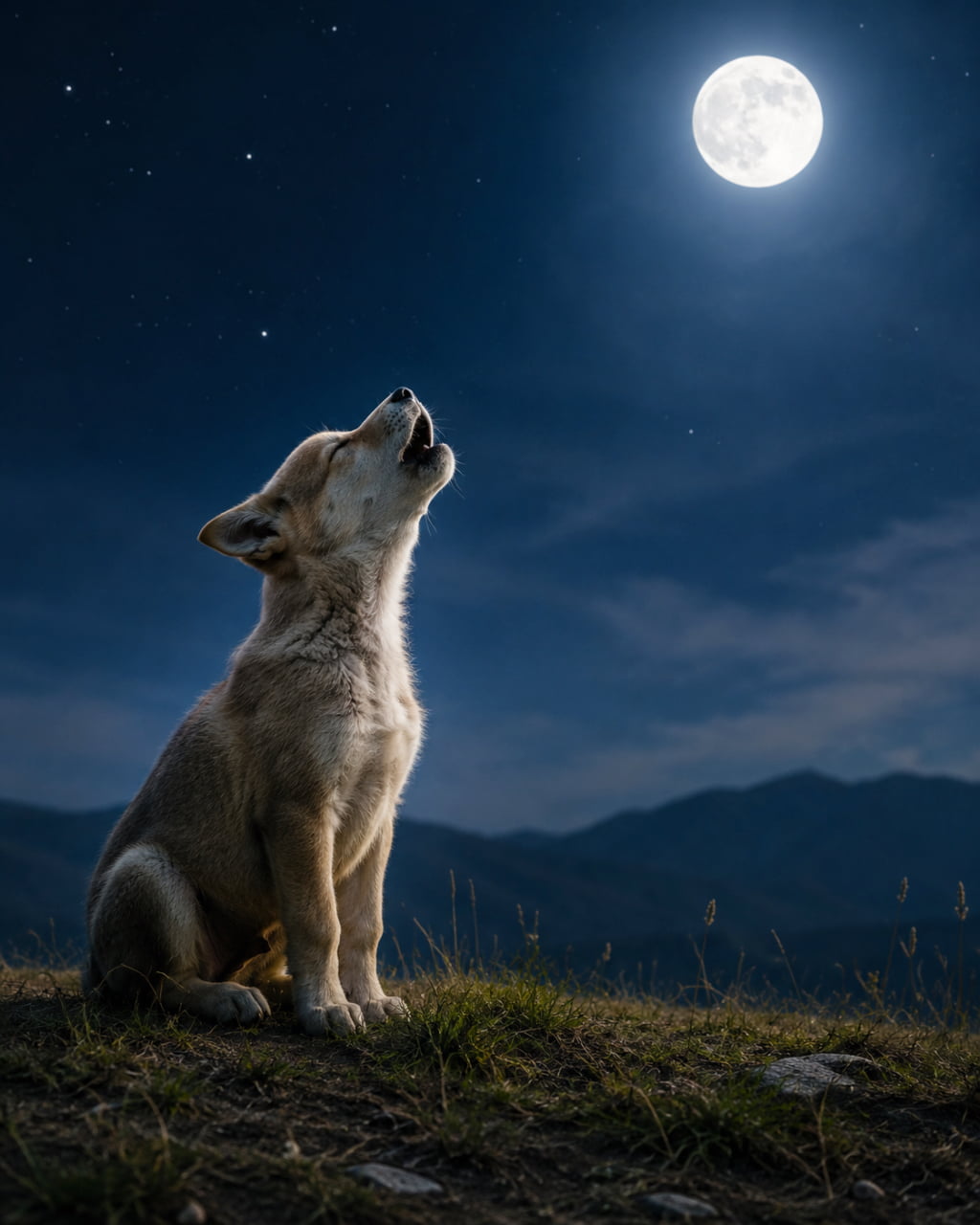 「気分は立派なオオカミ！？🐺🌕 小さな体で一生懸命に月へ語りかける姿が愛くるしい夜です✨ #月夜 #子犬 #遠吠え」Ultra-realistic high-quality photograph of a Husky-mix puppy sitting on grassy terrain, howling at a bright full moon under a starry night sky. The moonlight casts a mystical glow on the puppy's silver fur, with majestic mountains in the background. 満月が輝く満天の星空の下、草の上に座ったハスキー系（またはオオカミ風）の子犬が空を見上げて遠吠えをしている様子。月明かりが子犬の輪郭やシルバーの被毛を神秘的に浮かび上がらせ、背景には静かな山並みが広がっています