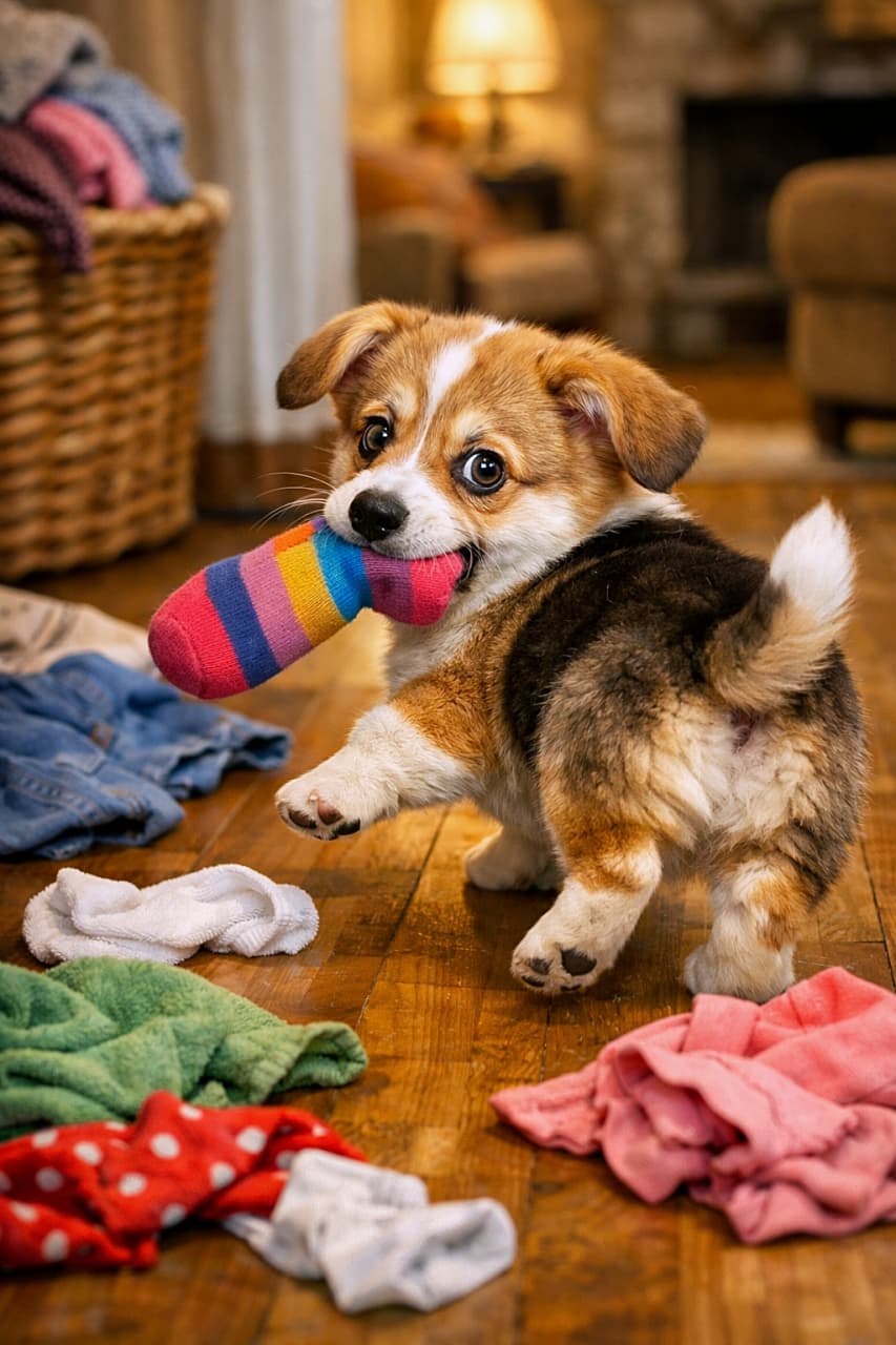 「「え、ボクじゃないよ？」って顔で逃走中😂いたずら現場を押さえられたコーギー犯🐾」A mischievous corgi puppy running across a wooden floor with a colorful sock in its mouth, glancing back with guilty eyes while scattered laundry lies around in a warm, cozy home. カラフルな靴下をくわえて木の床を走り去りながら、後ろを振り返って申し訳なさそうな表情を見せるコーギーの子犬。周囲には洗濯物が散らばる温かみのある室内
