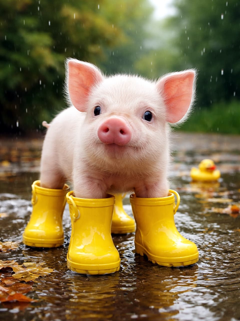 「ぶかぶか長靴で水たまりデビュー！小さな冒険家のごきげんステップ♪ 🐷💛」A photorealistic piglet standing in a rain puddle, wearing oversized yellow rain boots on all four feet, looking playfully at the camera. 四つの足すべてに大きすぎる黄色い長靴を履き、水たまりに立つ子ブタを写したフォトリアルな写真。カメラを見つめて遊び心のある表情