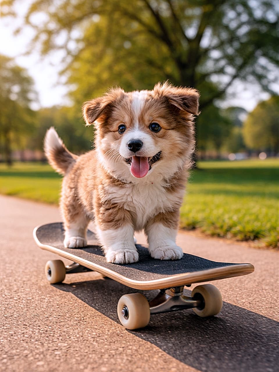 「小さな名スケーター登場！公園をスイスイ進む姿にキュン必至🐶🛹✨」A small fluffy puppy balancing on a moving skateboard along a sunlit park path, photorealistic. 陽の差す公園の小道で、動くスケートボードの上にバランスよく乗る小さなふわふわの子犬（フォトリアル）