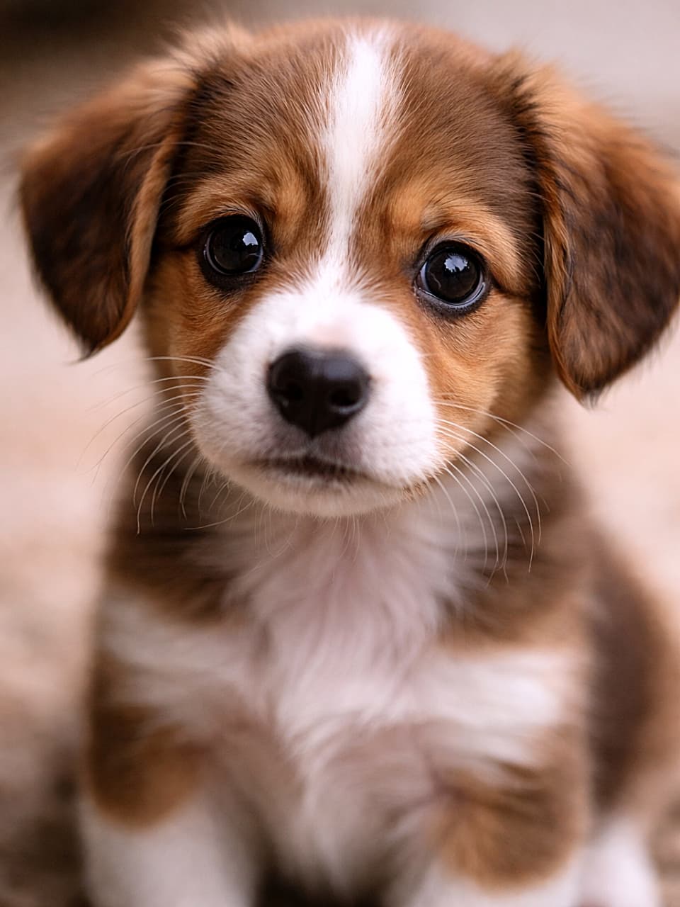 「このうるうるの瞳は反則級…！見つめられたら秒で恋しちゃう可愛さ🐶✨」A photorealistic close-up of a puppy with big, glossy eyes looking directly into the camera, soft natural lighting and shallow depth of field. 大きくつやのある瞳でカメラをまっすぐ見つめる子犬のフォトリアルなクローズアップ。柔らかな自然光と浅い被写界深度