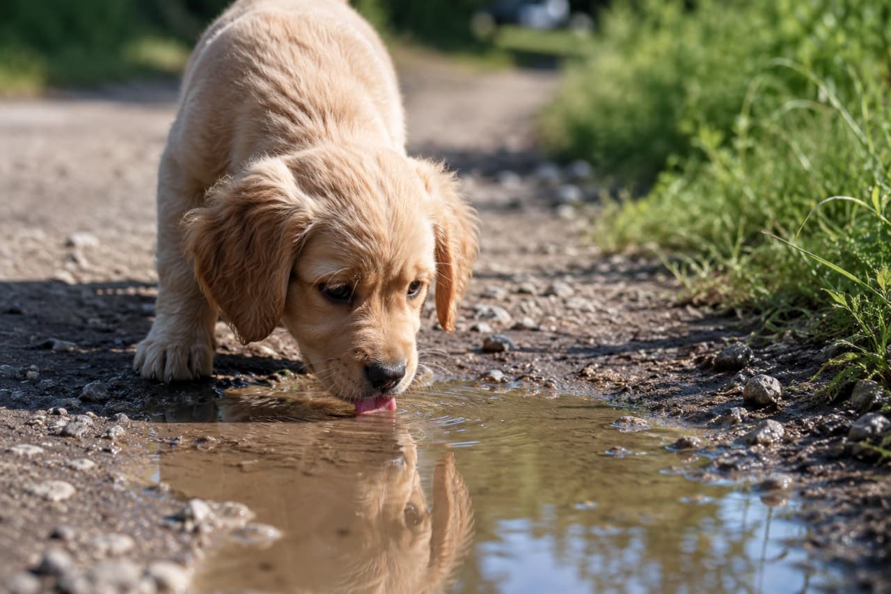 「お散歩中の水分補給はバッチリ！💧 水たまりに映る自分のお顔に気づいているかな？🐶🌿 #お散歩 #犬のいる暮らし #ゴールデンレトリバー」Ultra-realistic high-quality photograph of a Golden Retriever puppy drinking water from a puddle on a dirt path. The clear water perfectly reflects the puppy's face and golden fur, with natural sunlight sparkling on the surface. 晴れた日の土の道で、ゴールデンレトリバーの子犬が身をかがめて水たまりの水を飲んでいる様子。水面には子犬の顔と黄金色の被毛がくっきりと反射して映り込み、自然光が水際をキラキラと照らしています