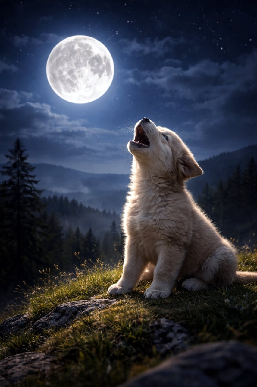 「満月に向かって「わおーん！」小さな遠吠えが夜空に響く、ロマンたっぷりの瞬間🌕🐶」A fluffy puppy sitting on a grassy hill, howling toward a bright full moon in a starry night sky, photorealistic. 草の生えた丘の上で座り、星空に輝く満月に向かって遠吠えするふわふわの子犬のフォトリアルな写真