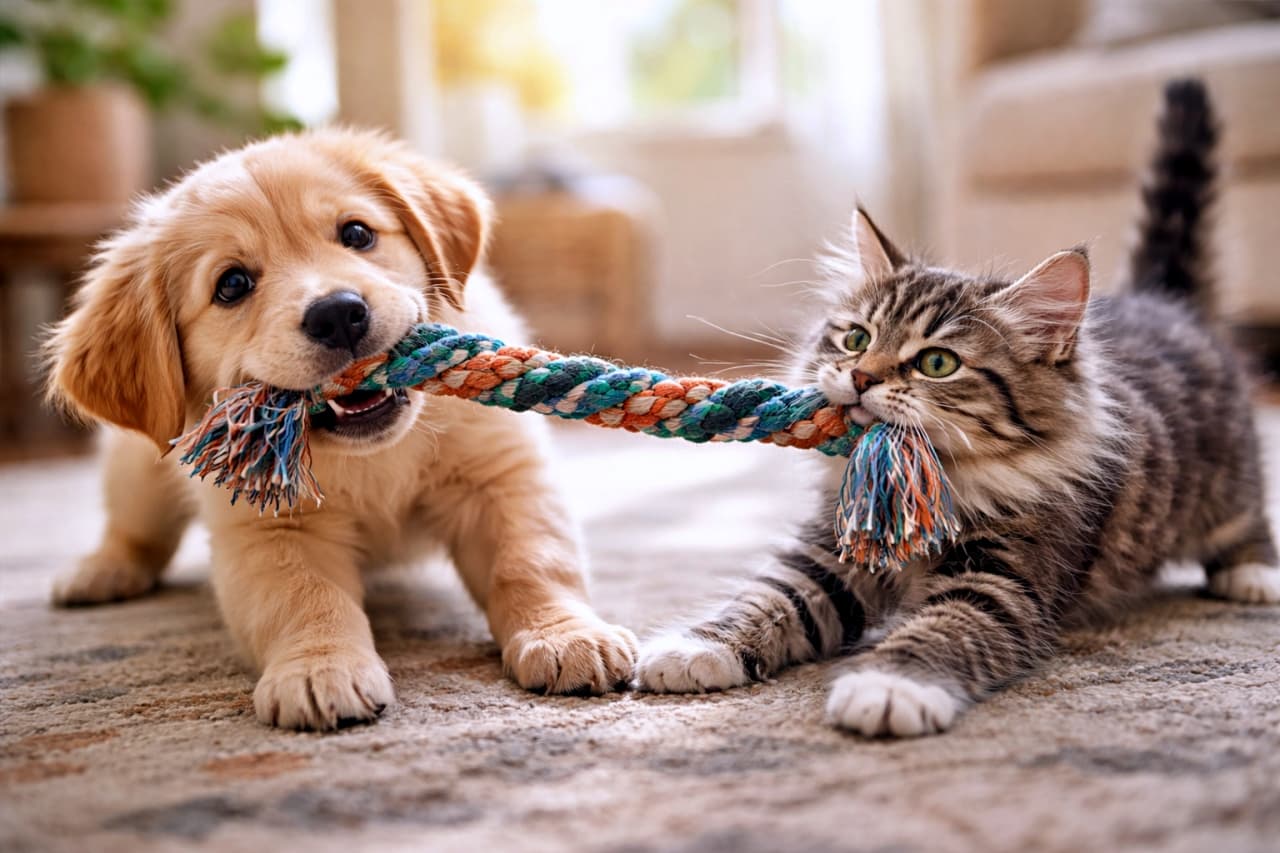 「勝つのはどっち！？子犬と子猫の本気だけど平和な綱引きバトル🐾🪢」A playful puppy and kitten having a friendly tug-of-war with a rope toy, both pulling with determined and humorous expressions in a sunlit living room. ロープのおもちゃを引っ張り合い、楽しそうに綱引きをする子犬と子猫。明るい室内で躍動感のある一瞬