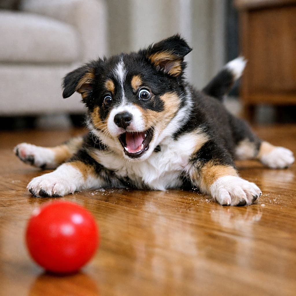 「勢い余ってツルッ！でも楽しそうなお顔がたまらない瞬間🐶✨」An energetic puppy slipping on a smooth wooden floor while chasing a bright red ball, legs spread out and eyes wide in surprise, photorealistic, high resolution. 赤いボールを追いかけて滑らかな木の床で足を広げて滑ってしまった子犬が、驚いた表情を見せている様子のリアル写真風高解像度画像