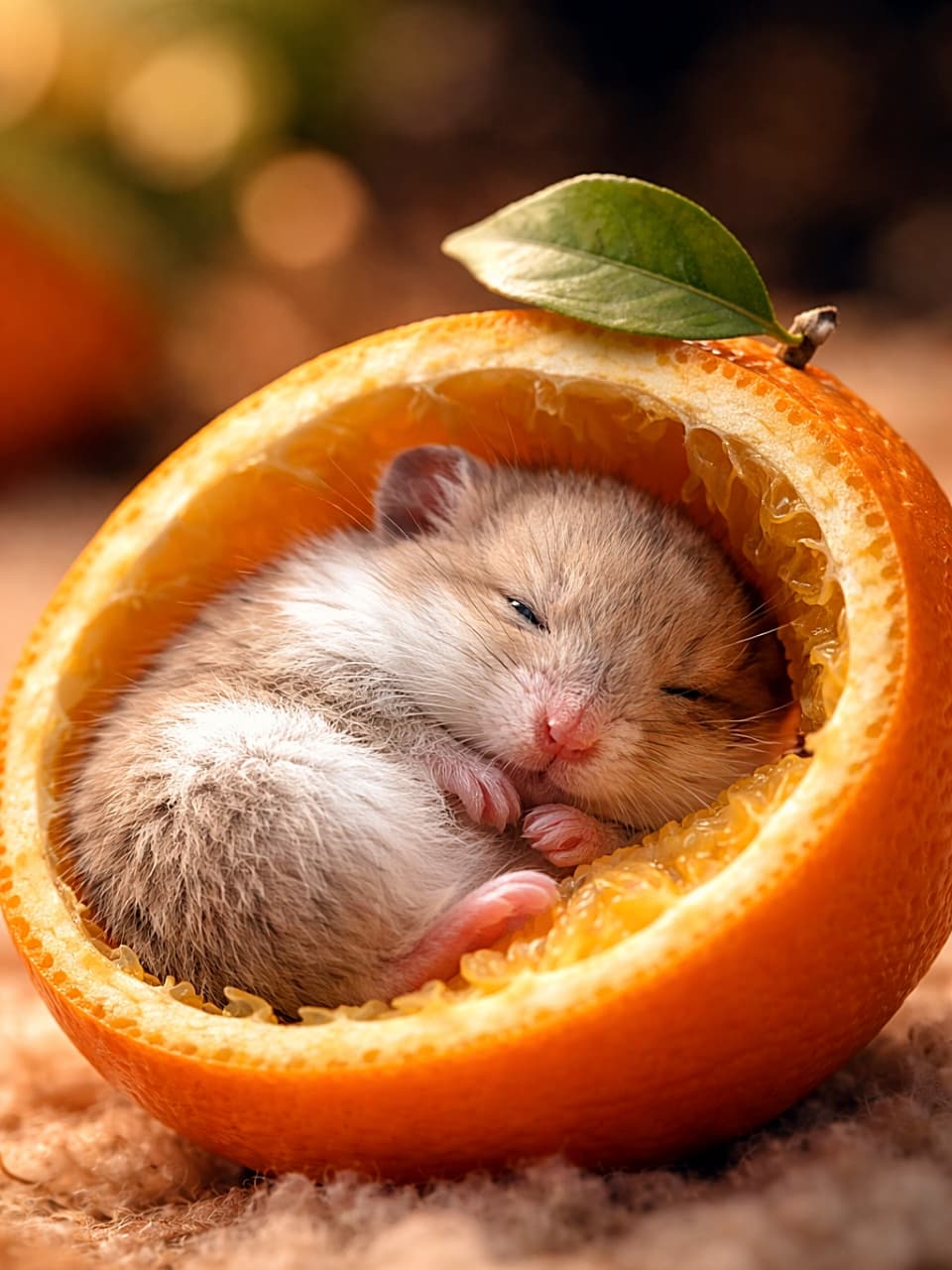 「オレンジのお布団でぐっすり…小さな幸せに癒される瞬間🍊ふわふわ天使登場！」A hamster curled up asleep inside a hollowed half orange, photorealistic, warm cozy lighting. くり抜いた半分のオレンジの中で丸くなって眠るハムスター、フォトリアルで暖かい雰囲気