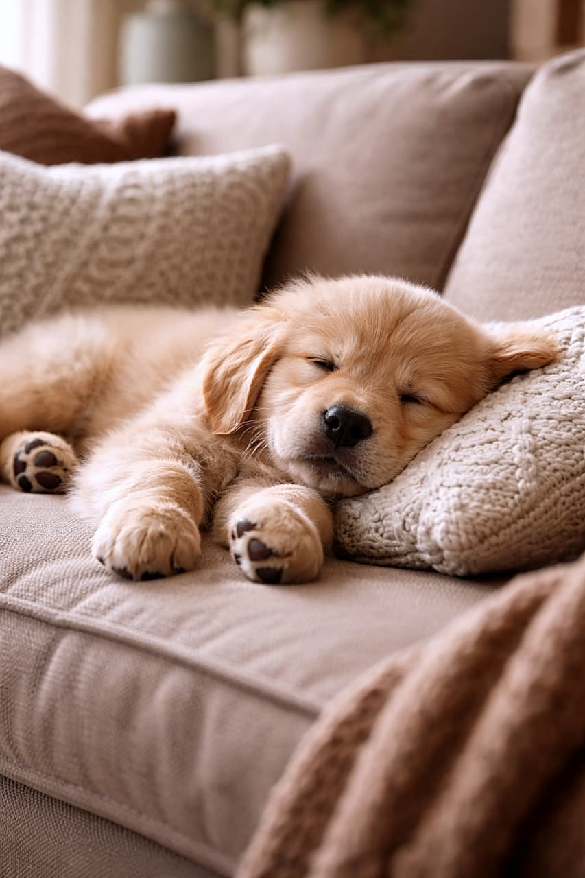「ふかふかソファで夢の中…見ているだけで眠くなる幸せお昼寝タイム🐾✨」A sleepy golden retriever puppy lying lazily on a cozy sofa, resting its head on a knitted pillow in soft warm light. あたたかい光に包まれた居心地の良いソファの上で、ニットのクッションに顔を乗せてぐっすり眠るゴールデンレトリバーの子犬
