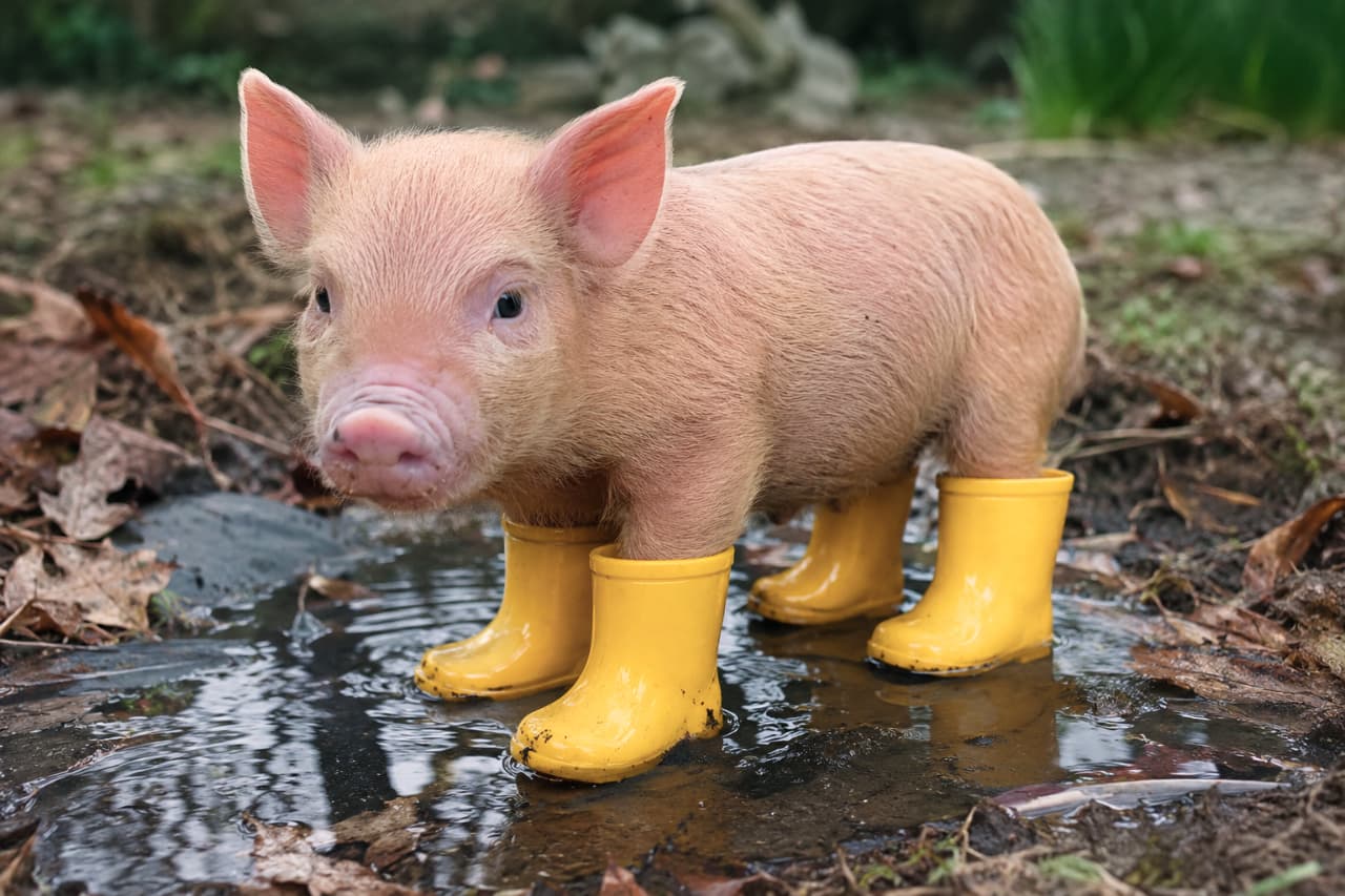 「雨上がりのお散歩かな？💛お気に入りの黄色い長靴を4足ハシゴして、水たまりをトコトコ歩く姿が可愛すぎます！🐾✨」An ultra-realistic high-quality photograph of a small pink piglet wearing bright yellow rain boots on all four feet, standing in a muddy puddle. The natural soft light highlights the fine hairs on its skin, with wet ground and autumn leaves in the background. 雨上がりの水たまりの中に立ち、鮮やかな黄色のレインブーツを4本の足すべてに履いたピンク色のみずみずしい子豚のクローズアップ写真。自然な光が子豚の細かな産毛や愛らしい表情を照らし、背景には濡れた地面と落ち葉が広がっている情景