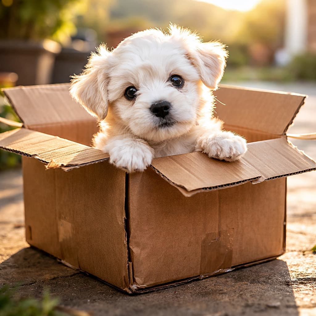 「「え、ここどこ？」って顔が可愛すぎる箱入り子犬🐶」A small white puppy peeking out of a cardboard box with its front paws over the edge, looking confused in soft golden sunlight outdoors. 段ボール箱の中から前足をかけて顔を出し、少し戸惑った表情を見せる小さな白い子犬。やわらかな夕日の光に包まれた屋外シーン