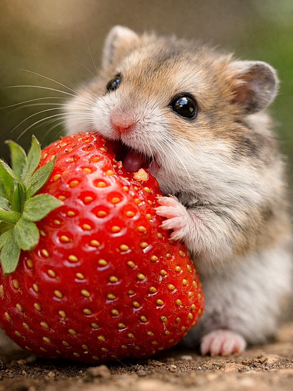 「大きすぎるいちごに挑戦中！必死にかじる姿が尊すぎる瞬間🍓🐹」A tiny hamster holding an oversized strawberry and trying to take a bite, ultra-realistic macro close-up with detailed fur texture and soft natural lighting. 大きないちごを両手で抱え、かじろうとしている小さなハムスターの超接写。毛並みの質感まで伝わるマクロ写真