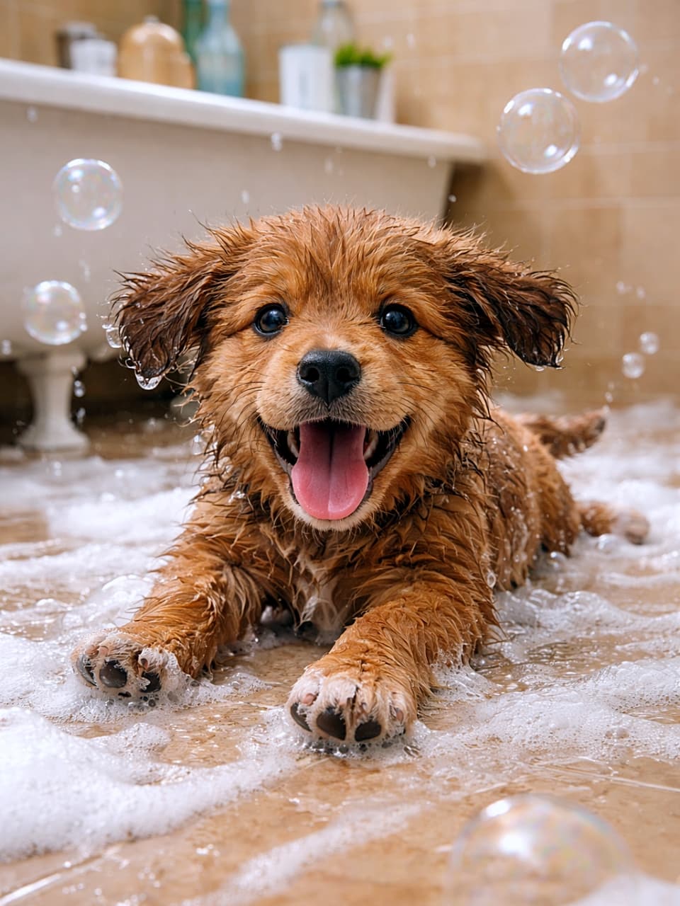 「お風呂場で大はしゃぎ！泡まみれでツルッと滑る子犬の無邪気な笑顔にキュン🐶✨」A wet brown puppy sliding across a soapy bathroom floor after playing with bubbles, tongue out and smiling playfully, photorealistic. 泡で遊んだあと、石けんで滑る浴室の床を舌を出して楽しそうに滑っている濡れた茶色の子犬の写真