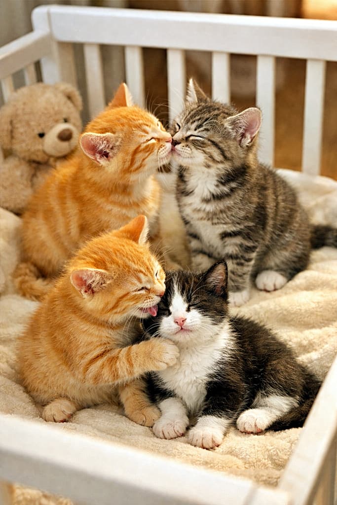 Four kittens inside a baby crib in warm daylight, two kittens touching noses in the back while one kitten gently grooms another kitten in the front, creating a cozy and affectionate scene. 暖かな自然光に包まれたベビーベッドの中で、奥では2匹の子猫が鼻先を寄せ合い、手前では1匹の子猫がもう1匹の頭を毛づくろいしている、穏やかで愛らしい光景
