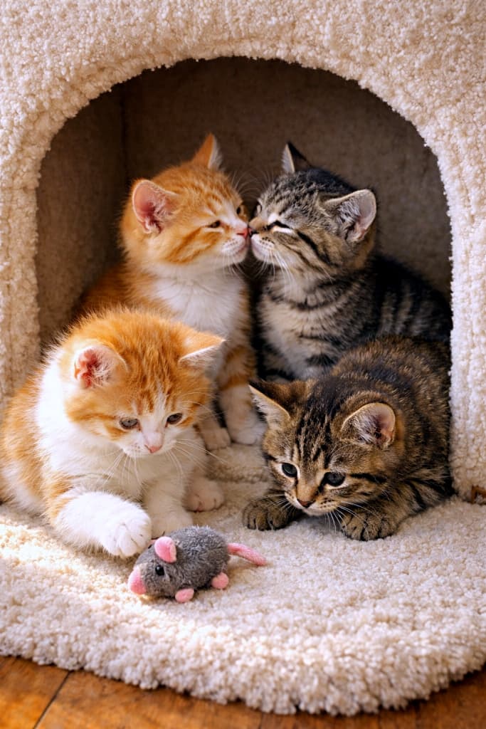Four playful kittens inside a cozy cat house, with two kittens gently touching noses in the back, one kitten pawing at a small soft toy in the front, and another kitten crouching and watching, photographed in warm natural daylight. あたたかな日差しの入る猫ハウスの中で、奥では2匹の子猫が鼻先をそっと触れ合い、手前では1匹が小さなぬいぐるみで遊び、もう1匹が身を低くして見つめている4匹の子猫の様子