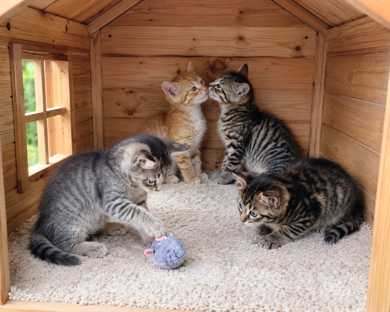 「ぼくたちの秘密基地へようこそ!小さなお家の中でぎゅっと集まる子猫たちが愛おしすぎて、胸が苦しいです🏡🐾 #子猫 #猫の秘密基地 #猫の癒やし #子猫日記 #猫のいる暮らし」Ultra-realistic high-quality photograph of four domestic shorthair kittens inside a small wooden pet house. A ginger and a tabby kiss noses in the background, while others play with a toy mouse. 小さな木製の小屋の中に集まった4匹のミックス子猫。奥では茶トラとキジトラが鼻を寄せ合い、手前では2匹のキジトラがグレーのネズミのぬいぐるみで夢中になって遊んでいる