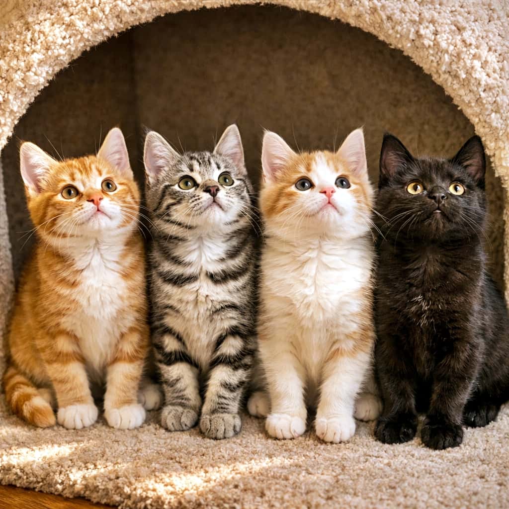 Four kittens sitting side by side inside a cozy cat house, all looking up with curious expressions as warm daylight fills the scene. 暖かな自然光が差し込むキャットハウスの中で、4匹の子猫が並んで座り、そろって上を見上げている好奇心いっぱいの様子