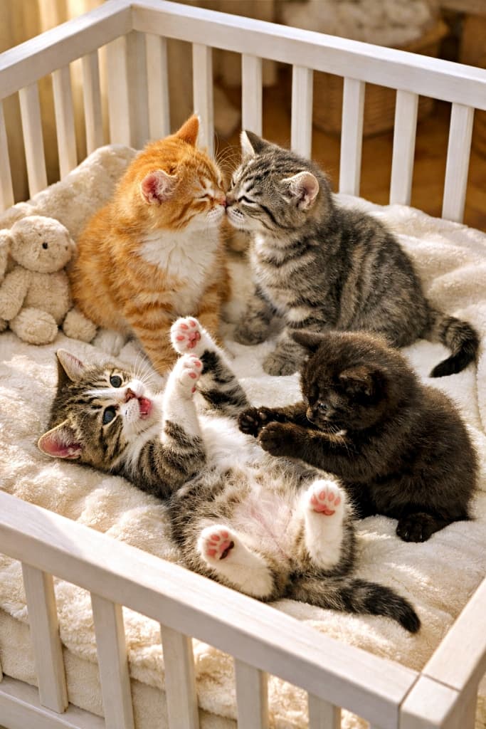 Four playful kittens inside a baby crib, two kittens in the back touching noses affectionately, while one kitten lies on its back reaching out with its paws and another kitten gently plays with them, bathed in warm natural daylight. ベビーベッドの中で遊ぶ4匹の子猫。奥では2匹が鼻先を寄せ合い、手前では1匹が仰向けになって前足を伸ばし、もう1匹がその足にじゃれついている。やわらかな自然光に包まれた温かい雰囲気