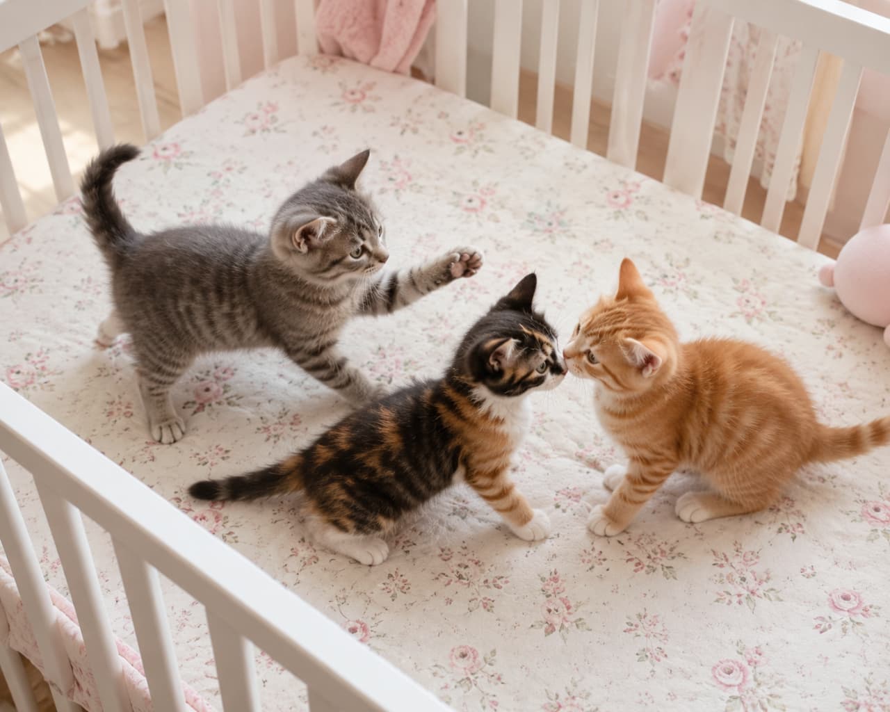 「ねえねえ、今日のオヤツ何かな?🤔ベビーベッドを占拠して内緒の作戦会議をする子猫たちにキュン死確定!❤️ #子猫 #猫のいる暮らし」Ultra-realistic high-quality photograph of three domestic shorthair kittens playing on a floral patterned mattress inside a white wooden crib. A silver tabby raises its paw while a calico and ginger kitten touch noses under soft light. 白い木製ベビーベッドの花柄シーツの上で遊ぶ3匹のミックス短毛子猫。左のキジトラが前足を上げ、中央の三毛猫と右の茶トラが鼻を近づけ合う。全体に柔らかな日差しが差し込む愛らしい情景