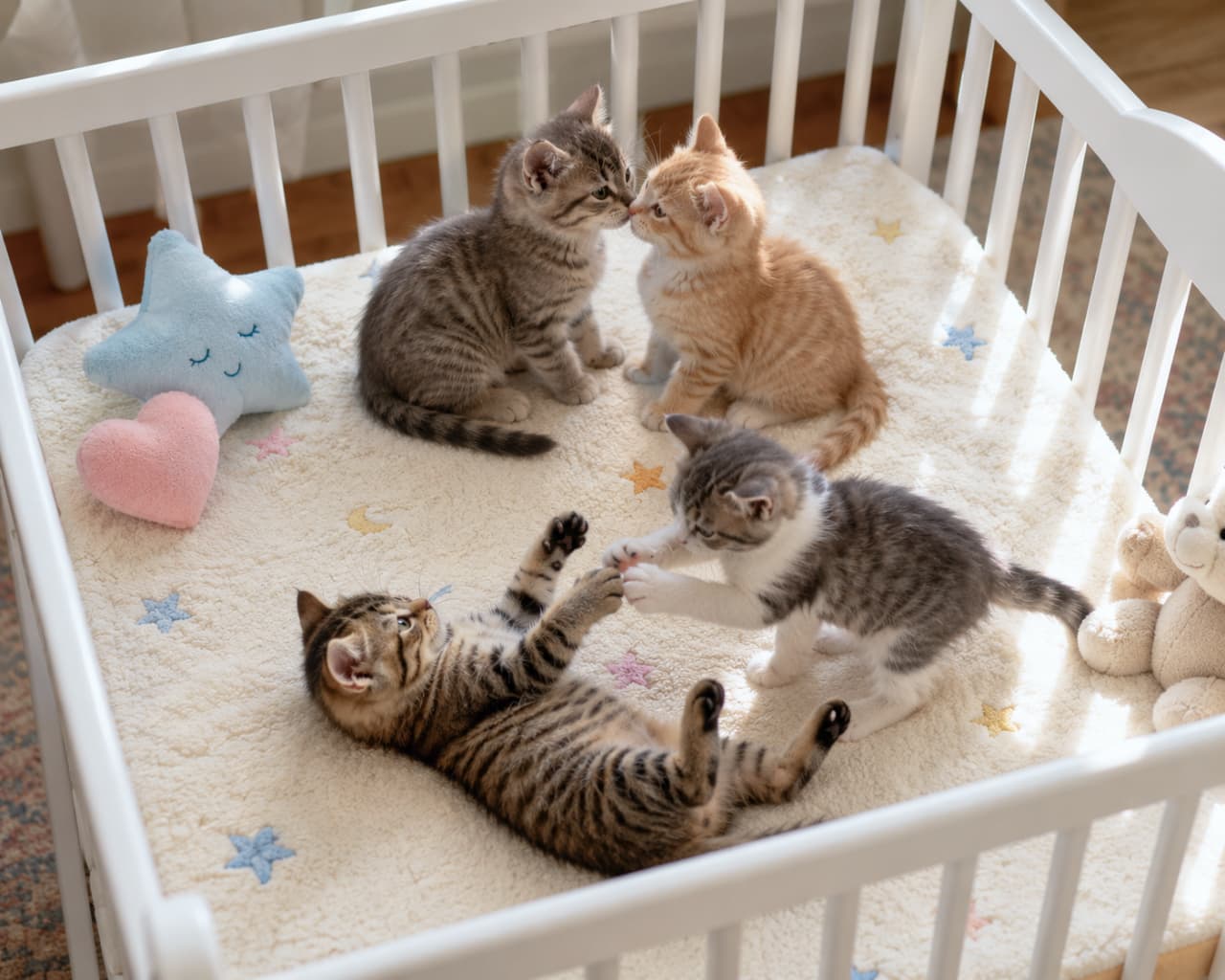 「降参のポーズ?それとも遊ぼうのサイン?🐾星のベッドで繰り広げられる、可愛さ無制限のゴロゴロタイムをお届け⭐️ #猫の癒やし #子猫日記 #子猫 #猫のいる暮らし」Ultra-realistic high-quality photograph of four domestic shorthair kittens in a white crib with star plush toys. One tabby lies on its back while a tabby-and-white kitten pounces on it. 星やハートのクッションがある白いベビーベッドで、仰向け(ヘソ天)になって前足を伸ばすキジトラと、それに飛びかかるキジ白の子猫。奥では茶トラとキジトラが寄り添う光あふれる情景