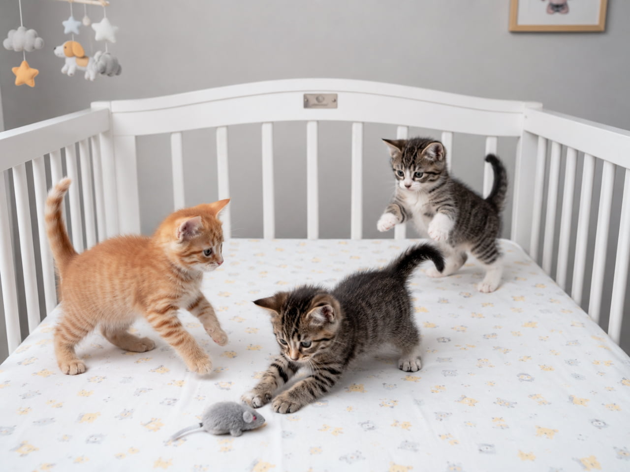 「小さなハンターたちが大集結!おもちゃのネズミに大興奮な子猫たち、勝者は一体どの子かな?🐾✨ #猫好きさんと繋がりたい #子猫」Ultra-realistic high-quality photograph of three domestic shorthair kittens playing with a grey toy mouse inside a white crib with star patterns. A ginger kitten and two tabbies display dynamic and playful poses. 星柄のシーツが敷かれた白いベビーベッドの中で、グレーのネズミのおもちゃを狙う3匹のミックス子猫。手前のキジトラ、左の茶トラ、奥で立ち上がるキジトラがそれぞれ真剣な表情で見つめる構図