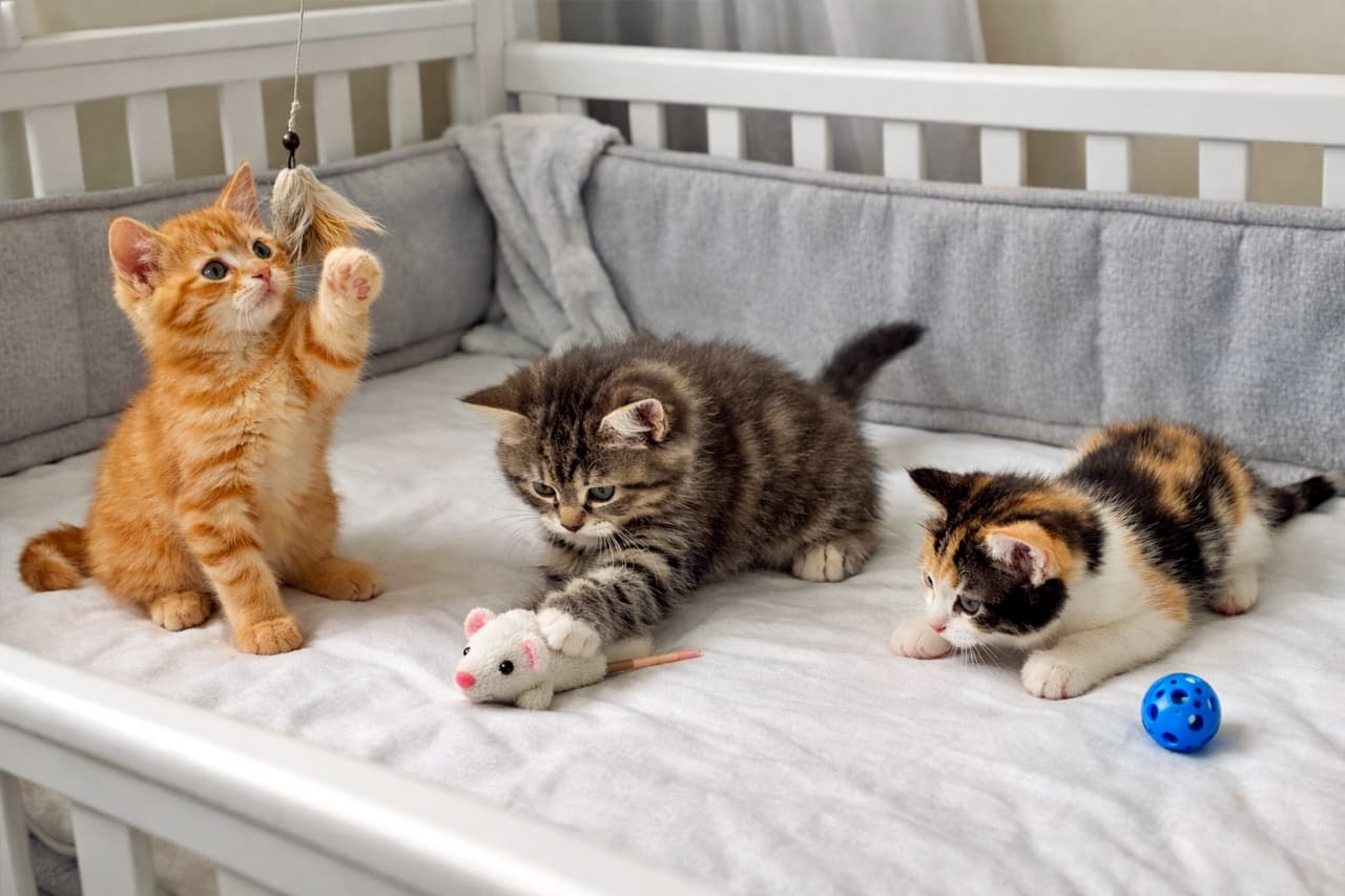 Three kittens playing together inside a white baby crib, full body visible, under soft natural light in a cozy indoor setting. 白いベビーベッドの中で3匹の子猫が遊んでいる様子。全身が写り、自然光に包まれた室内の穏やかなシーン