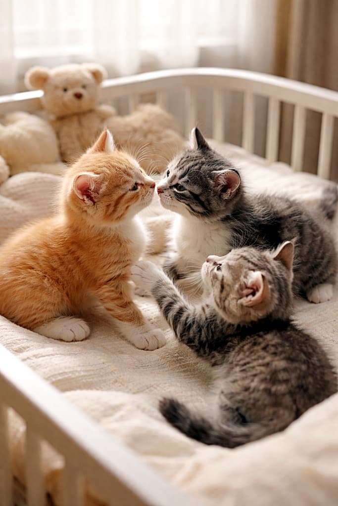 Three playful kittens inside a baby crib, gently pawing and nudging each other, with two kittens touching noses while another reaches out a paw in warm natural daylight. ベビーベッドの中でじゃれ合う3匹の子猫。2匹が鼻先をそっと触れ合わせ、もう1匹が前足を伸ばして遊んでいる、やさしい自然光に包まれた光景