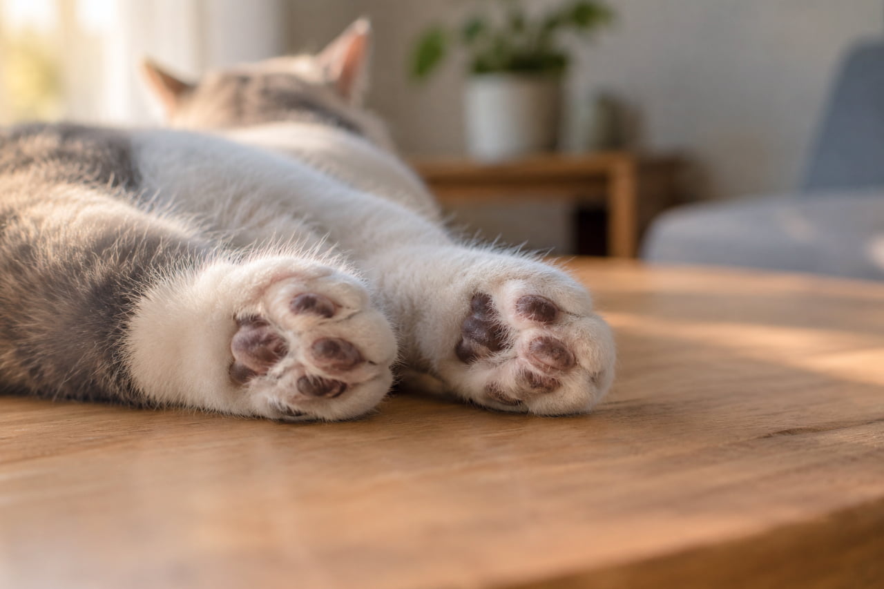 「びよ〜んと伸びた後ろ足🐾夕日に透けるふわふわの毛がエモい瞬間です🌇✨ #猫の足 #夕暮れ時」Ultra-realistic high-quality photograph of a cat's hind legs and paw pads stretched out on a wooden table, beautifully backlit by warm, golden hour sunlight. 木製のテーブルの上に投げ出された、猫の2本の後ろ足のクローズアップ。窓からの温かい夕日が逆光となって猫の足の輪郭や細い毛を黄金色に輝かせ、あずき色の肉球がくっきりと見えています