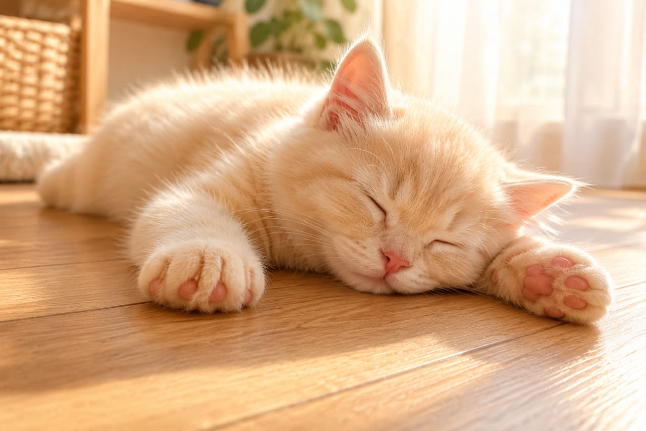 「ぽかぽか陽だまりで夢の中へ☁️スーパーマンみたいな寝姿が愛おしい🐾✨ #お昼寝猫 #にゃんすたぐらむ」Ultra-realistic high-quality photograph of a cream tabby kitten sleeping on a wooden floor in a stretching superman pose, bathed in warm afternoon sunlight. 暖かな日差しが差し込むフローリングの床で、両前足を前にスヤスヤと「スーパーマン」のポーズで伸ばして眠るクリーム色の子猫。柔らかな逆光がふわふわの被毛を輝かせ、穏やかな午後の空気感を演出しています