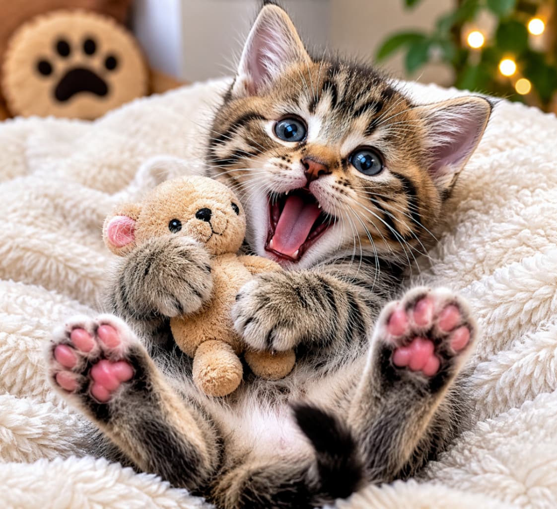 「大好きなクマさんのぬいぐるみと一緒におやすみ前の大はしゃぎ🧸ピカピカのピンクの肉球が眩しすぎる〜っ!見ているだけで元気がもらえるよね元気のチャージ完了っ!🌟」Ultra-realistic high-quality photograph showing a lovely brown tabby kitten with distinct striped patterns rolling on its back on a fluffy white blanket, holding a small tan teddy bear. The kitten has its mouth wide open in a happy grin, displaying beautiful pink paw pads with soft festive background bokeh providing a warm atmosphere. はっきりとした黒と茶の縞模様が美しいキジトラの子猫が、フワフワした白い毛布の上で仰向けになり、小さな薄茶色のクマのぬいぐるみを胸元で愛らしく抱きしめている超リアルな写真です。大きな口を開けて無邪気に喜ぶ表情をしており、つぶらな青みがかった瞳、そして手前に大きく写る鮮やかなピンク色の肉球が印象的で、背景には温かみのあるオレンジ色のボケ光がロマンチックに輝いています