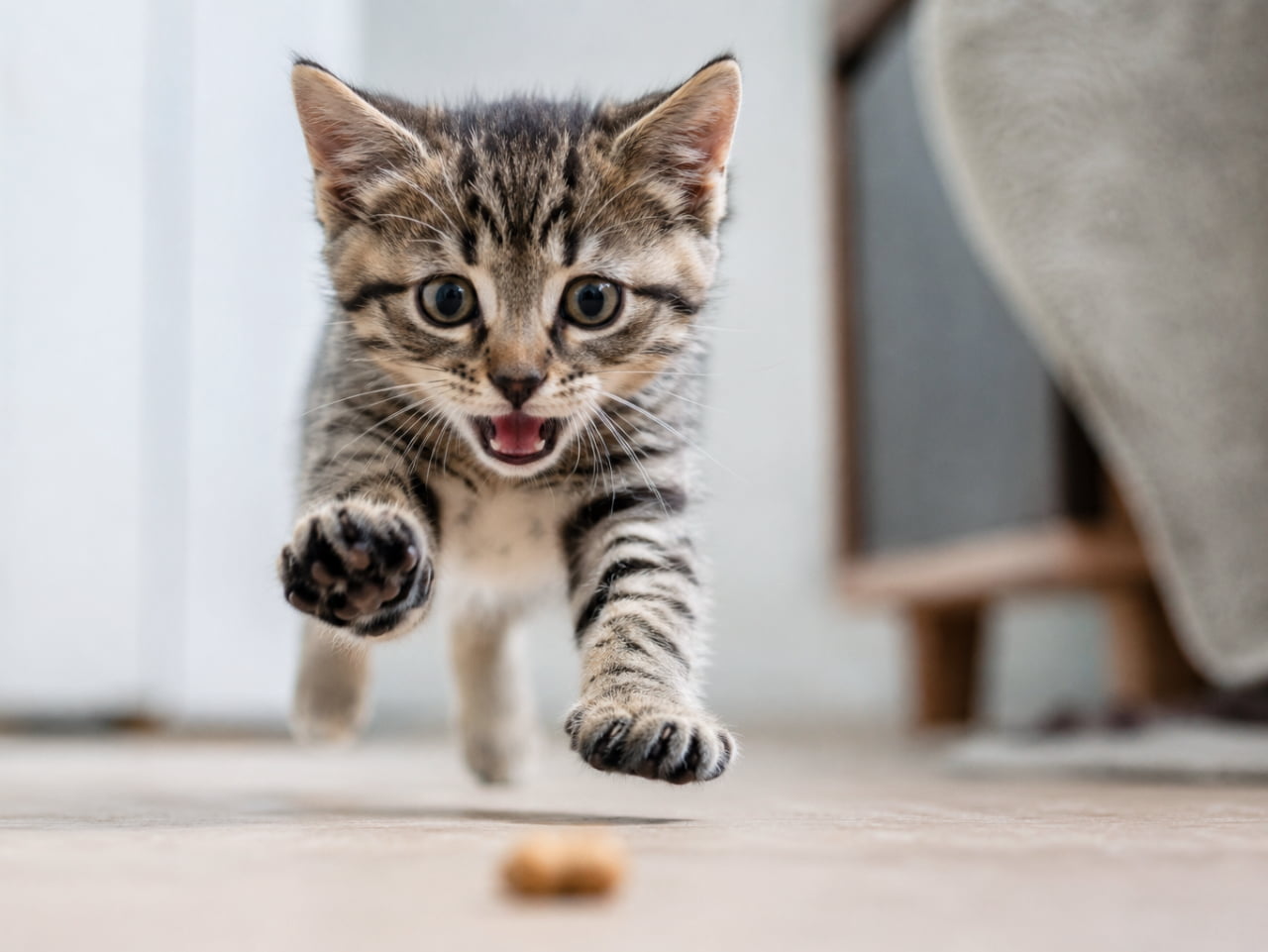 「おやつめがけて全力疾走ーーッ!💨ダッシュする姿も、開いたお口も愛おしさ1000%でございます😍🐾 #子猫のいる暮らし #全力ダッシュ」Ultra-realistic high-quality photograph of an energetic brown tabby kitten running directly toward the camera on a wooden floor, opening its mouth with wide-eyed excitement, capturing a dynamic low-angle action shot with a beautifully blurred background. 明るいお部屋のフローリングの上で、手前にあるおやつ(またはおもちゃ)に向かって、正面から全力でこちらに走ってくるキジトラ(ブラウンタビー)の子猫。クリクリとした大きな目を見開き、小さな口を大きく開けて元気いっぱいに声を上げながら、前足を大きく交互に突き出して突き進む躍動的な瞬間を、床に近いローアングルから捉えています。被写界深度が浅く、背景の家具や手前の床が柔らかく美しくボケており、子猫の生き生きとした表情とキジトラ特有の細やかな美しい縞模様、そしてダークカラーの肉球が鮮明に際立つ超高画質写真です