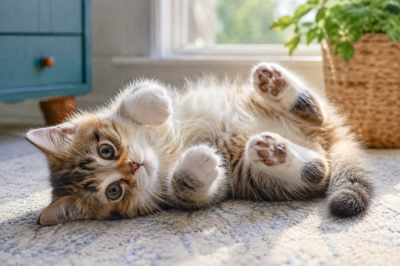 「へそ天でリラックスにゃんこ🐾✨このモフモフのお腹にダイブしたい人集合〜!💖 #猫のいる暮らし #子猫 #へそ天」Ultra-realistic high-quality photograph of a fluffy longhair tabby kitten rolling on its back on a rug by a sunlit window. The image features its soft fur, large round eyes, and adorable pink and black toe beans illuminated by warm, gentle sunlight. 陽の光が差し込む窓辺のラグの上で、仰向けに転がりリラックスする長毛種のキジトラ子猫。ふんわりとした柔らかな被毛、クリクリとした大きな瞳、そして愛らしいピンクと黒の混ざった肉球がはっきりと見え、温かい光が全体を優しく包み込んでいます