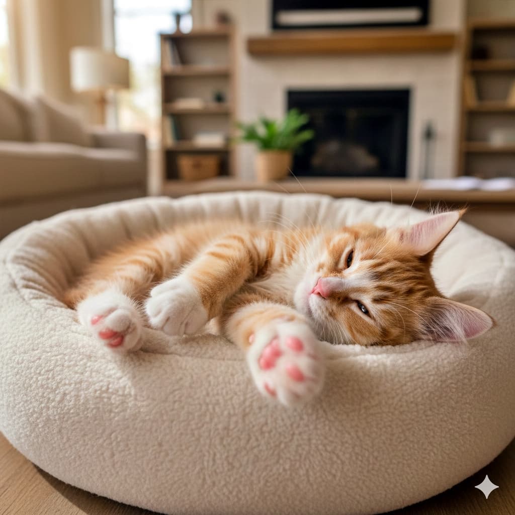 A ginger and white kitten lies on its back in a plush, round cream cat bed, all four paws relaxed and facing upward with pink paw pads visible; eyes partially closed in a cozy living room with a fireplace, bookshelves, a potted plant, and a beige armchair softly lit. クリーム色のふわふわ円形ベッドで、茶白の子猫が仰向けになり、四肢をゆるめて肉球（ピンク）が上向きに見えている。目は半分閉じ、暖炉、本棚、観葉植物、ベージュの肘掛け椅子が柔らかい光の居心地よいリビングに映る