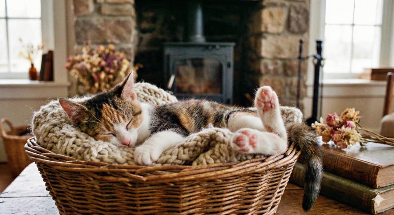 A cat sleeps curled in a wicker basket lined with a cream knitted blanket, hind paws relaxed with pink paw pads visible; natural light from windows flanks a stone fireplace with a wood‑burning stove, and a wooden table with dried flowers and books adds a warm, rustic atmosphere. クリーム色のニットブランケットを敷いた籐のバスケットで、猫が丸くなって眠っている。後ろ足の肉球が見え、窓からの自然光に照らされた石造りの暖炉と薪ストーブ、隣の木のテーブルのドライフラワーと本が温かい素朴な雰囲気を添える