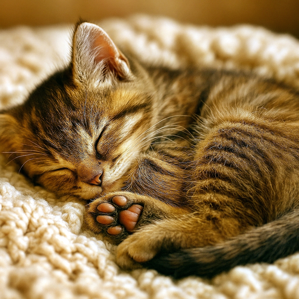 A photorealistic image of a tabby kitten sleeping curled up on a chunky cream blanket, with one front paw tucked under its chin showing soft, ultra-detailed paw pads. Warm ambient lighting and shallow depth of field highlight the kitten’s serene expression and cozy setting. クリーム色の厚手ブランケットの上で丸くなって眠るトラ柄の子猫。前足のひとつを顎の下にそっと添え、柔らかく精緻な肉球が見えている。暖かい環境光と浅い被写界深度が、子猫の穏やかな表情と心地よい空間を際立たせている