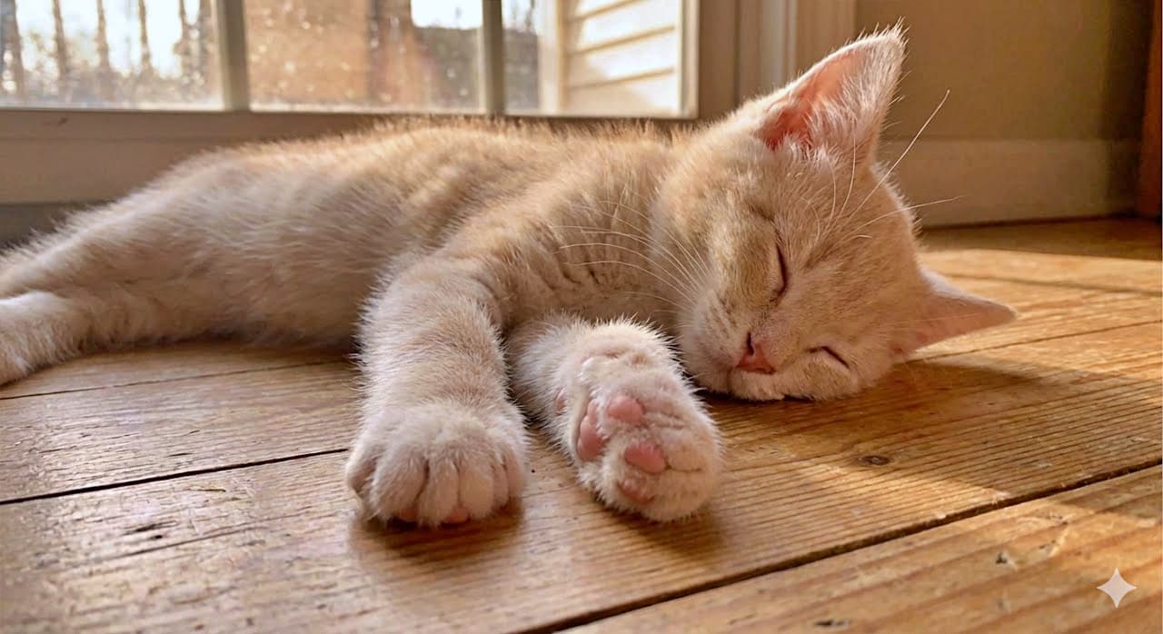 A fluffy brown tabby kitten sits indoors on a wooden floor, gazing upward with a bright, curious expression. One ear stands tall and sharply in focus, while the other is gently visible. The kitten’s mouth curves slightly at the corners, giving a soft, attentive look. Its full side profile is clearly shown against a warm, softly lit background with beige furniture and a light rug. ふわふわの茶色いトラ柄の子猫が室内の木の床に座り、明るく好奇心に満ちた表情で上を見上げています。片方の耳はピンと立ち鮮明に写り、もう片方の耳も自然に見えています。口元はわずかに上がり、柔らかく注意深い印象を与えます。子猫の頭部と上半身の横顔がはっきりと映っており、背景にはベージュの家具と明るいラグがある温かみのある室内光が広がっています