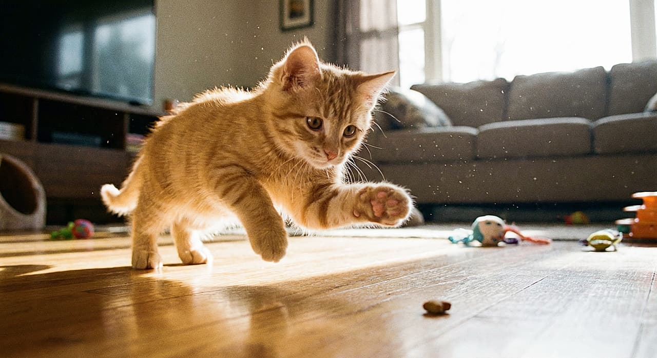 「キラキラ陽射しの中を猛ダッシュ！光る毛並みとピンクの肉球、茶トラちゃんの輝く瞬」An orange tabby kitten running across a sunlit living room floor towards a treat. The kitten extends its left front paw, highlighting the pink paw pads against the warm, backlit scene. 日当たりの良いリビングの床で、おやつに向かって走る茶トラの子猫。左前足を前に伸ばしており、逆光の温かい雰囲気の中でピンク色の肉球が際立っている