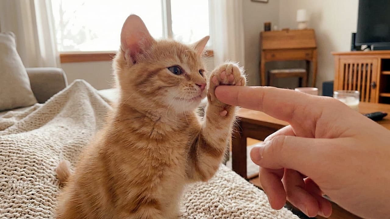 「指先と肉球で「E.T.」ごっこ？茶トラちゃんの優しいタッチに、愛しさが止まらない〜！」Side view of an orange tabby kitten on a beige blanket in a living room, gently touching a human's index finger with its paw. The kitten looks focused on the finger, showing soft pink pads. リビングルームのベージュの毛布の上で、人間の人差し指にそっと前足を合わせている茶トラ子猫の横顔。指先を見つめ、ピンク色の肉球で優しく触れ合っている