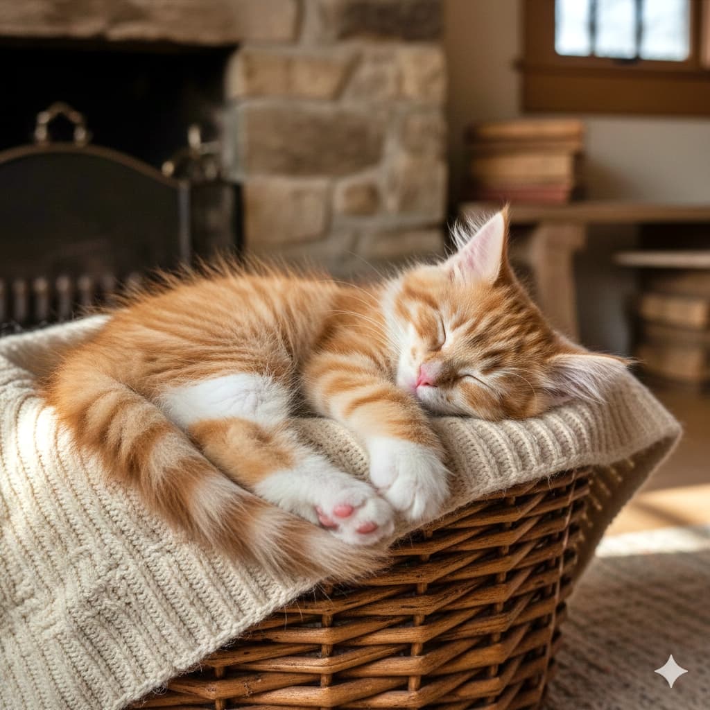 A small orange and white tabby kitten sleeps curled up in a wicker basket lined with a cream knitted blanket; eyes closed and paws tucked, with a cozy indoor background featuring a stone fireplace, a stack of books, and a window softly lit. オレンジと白のタビー子猫が、クリーム色のニットブランケットを敷いた籐のバスケットの中で丸くなって眠っている。目を閉じて前足を体の下に収め、背景には石造りの暖炉、本の積み重ね、窓が柔らかな光で映る