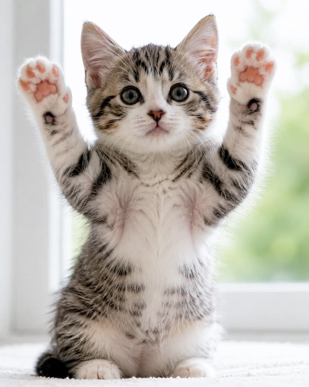 「「ワァッ!びっくりしたニャ!」それとも降参のポーズ?🙌窓辺で両手を全力であげてアピールするハチワレ子猫ちゃんが可愛すぎて悶絶ですこの可愛さに1タップを!❤️」Ultra-realistic high-quality photograph capturing a brown tabby and white kitten standing on a white carpet with both front paws stretched high up in the air. The kitten peers directly forward with wide, curious dark eyes and displayed pink paw pads against a bright, softly blurred green window background. 白とキジトラ模様のハチワレが美しい子猫が、白いじゅうたんの上で両前脚を高く「バンザイ」のように上げ、二本足で立ち上がるようなポーズをとっているユニークな写真です。驚いたようにまん丸に開かれた黒目がちの大きな瞳が正面を見つめており、頭上の両手に見えるピンクの肉球、背景の明るい窓と外に見える青々とした緑の美しいボケ味が、子猫の無垢でピュアな存在感を鮮烈に引き立てています