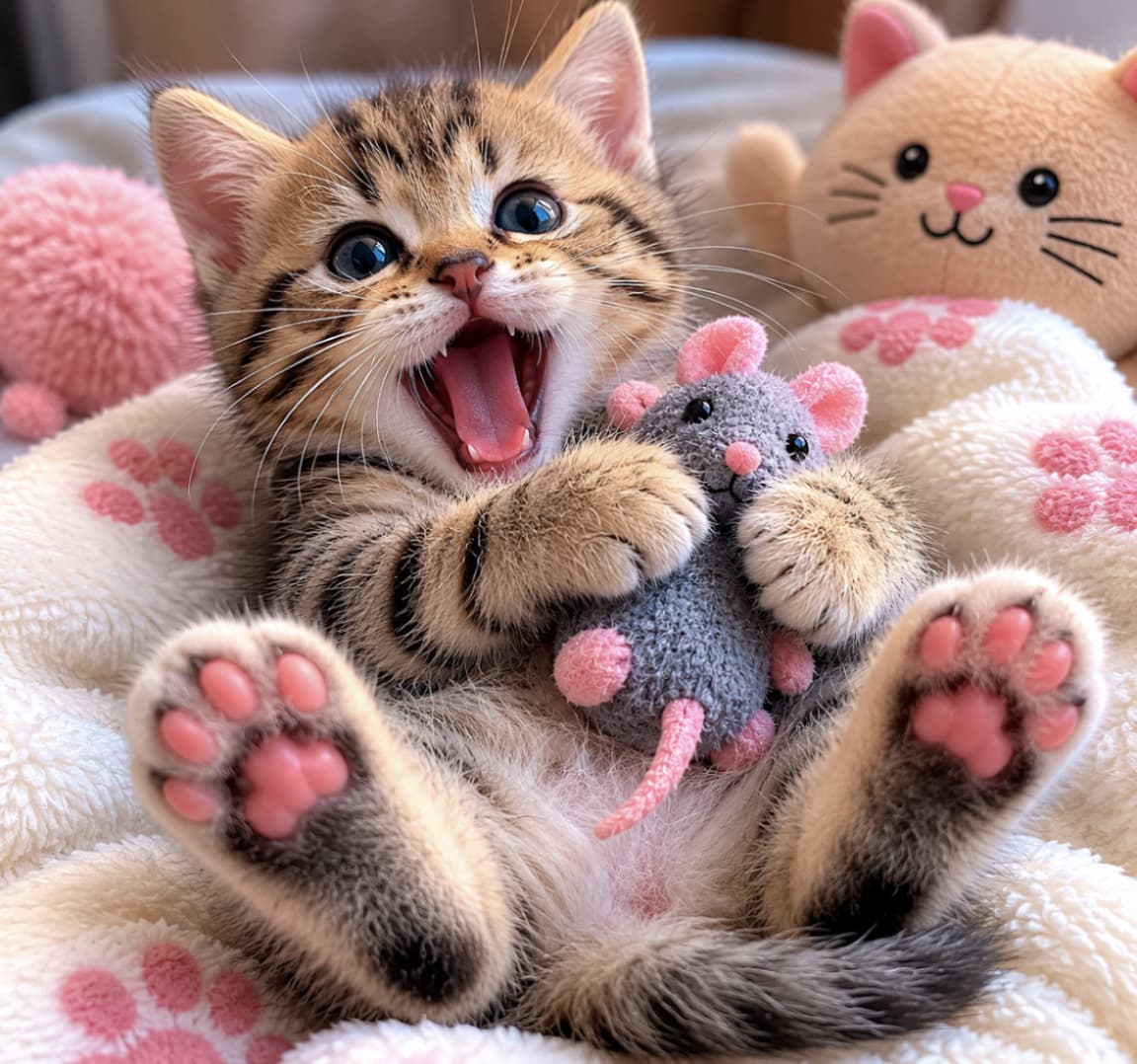 「「このネズミさんは絶対に渡さないニャー!ムギュッ!」🐾おもちゃに夢中すぎて大興奮なキジトラちゃんにキュン死確定です大好物の肉球もどうぞ!💕」Ultra-realistic high-quality photograph capturing a playful brown tabby kitten lying on its back on a white plush bed adorned with pink paw prints. The kitten eagerly hugs a gray toy mouse, opening its mouth wide with a joyful expression, showcasing its sparkling eyes and bright pink paw pads pushed toward the camera under beautifully diffused soft light. 明瞭な縞模様を持つブラウンタビー(キジトラ)の子猫が、ピンクの肉球マークがあしらわれた白いボアのクッションベッドの上でヘソ天(仰向け)になり、グレーのネズミのぬいぐるみを両前脚で愛らしく抱きしめている高品質な写真です。口を大きく開けて元気いっぱいに鳴いており、ピンと立った耳、きらめく大きな瞳、そしてカメラ側に突き出された後脚の鮮やかなピンクの肉球と細かな毛並みが柔らかな光の中で鮮明に描写されています