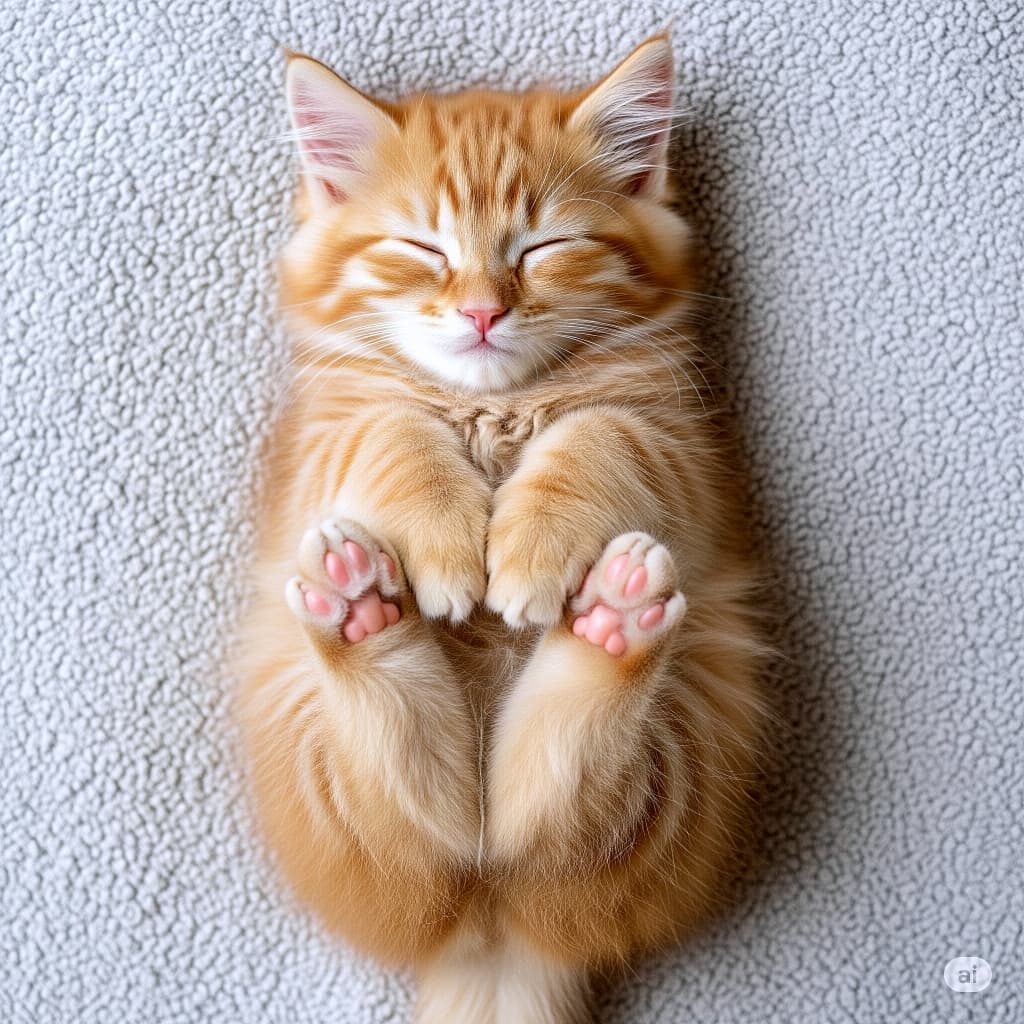 「幸せそうな寝顔にほっこり☺️ 茶トラちゃんの足で作ったハート、いい夢見てるのかな？🌙」Sleeping orange tabby kitten lying on its back, smiling with eyes closed, hind legs forming a heart shape. 目を閉じて微笑むように眠る茶トラの子猫。仰向けで後ろ足がきれいなハートの形を作っている