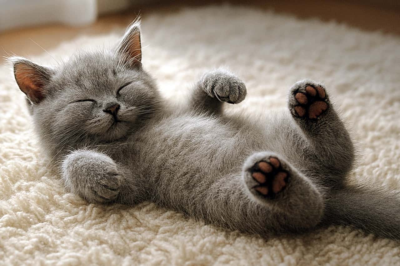「ふにゃっと無防備、しあわせ全開のねむねむポーズ」眠そうなグレーの子猫がふかふかのラグの上で仰向けに寝ており、4本の足をゆるく上に向けて丸め、暗い肉球が見えている。柔らかな窓の光が全体を優しく照らしている A sleepy gray kitten lies on its back on a plush rug, paws loosely curled upward showing dark toe beans, softly illuminated by diffused window light.