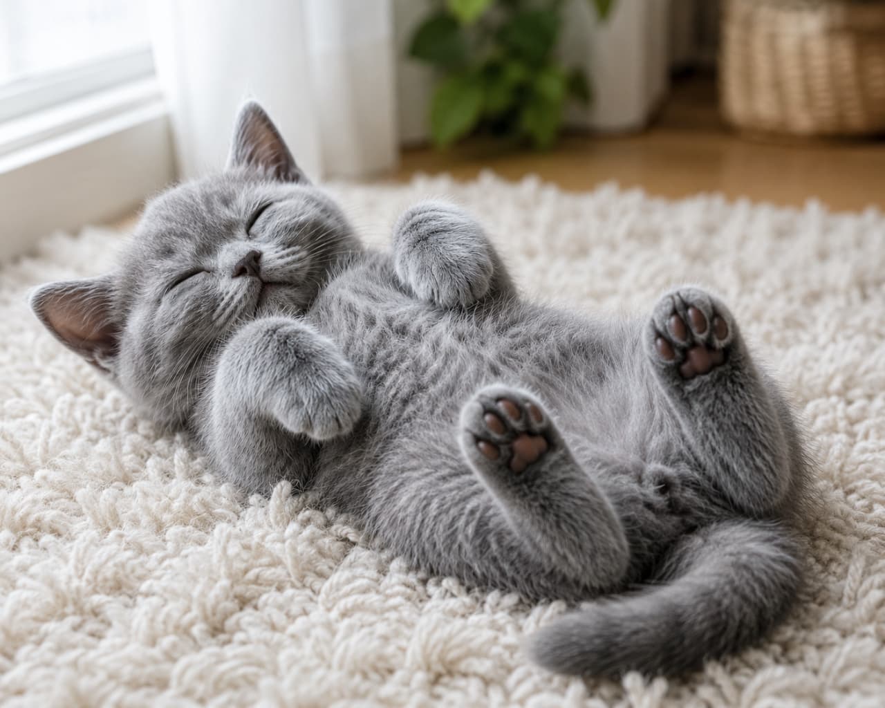 「どんな夢を見ているのかな?💭白いフワフワ絨毯の上で、完全に安心しきってヘソ天で眠るグレーの天使ちゃん…尊すぎて言葉を失っちゃいます寝顔に「いいね」してね💤」Ultra-realistic high-quality photograph illustrating a solid gray kitten sleeping peacefully on its back in a classic "heso-ten" pose on a thick white shaggy rug. Its tiny paws are curled over its chest, exposing dark brown paw pads under the warm, gentle sunlight filtering from a window, creating a serene indoor atmosphere. 美しいソリッドグレー(ブルー)の滑らかな被毛を持つ子猫(ブリティッシュショートヘア風)が、肉厚でフワフワとした白いシャギーラグの上で仰向けになり、ぐっすりと眠っている超リアルな写真です。前脚を胸元で小さく折り曲げ、ココアブラウン調の落ち着いた色の肉球を見せており、目を閉じた穏やかな寝顔に窓辺からの暖かく柔らかな自然光が差し込み、至高の癒やし空間が表現されています
