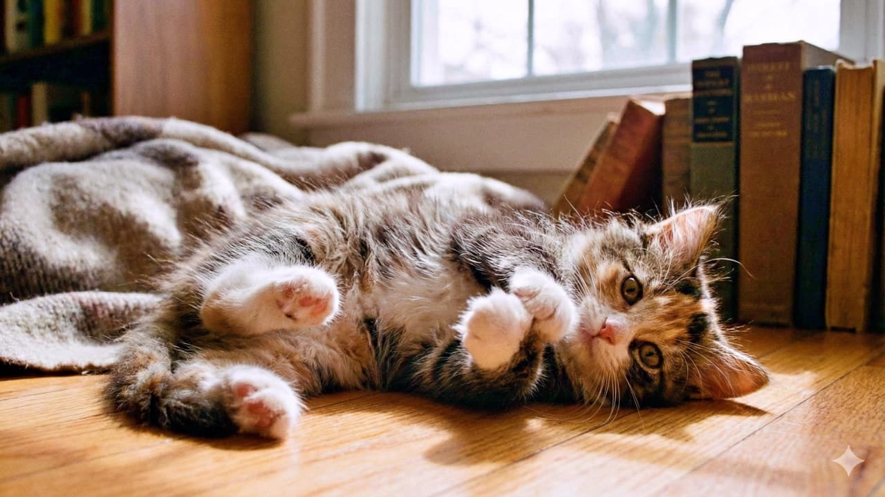 A brown, black, and white tabby kitten lies on its back on a wooden floor, front paws curled with paw pads showing; natural daylight from a window above a row of upright books softly illuminates a cozy indoor scene with a blanket in the background.  茶・黒・白のキジトラ子猫が木の床で仰向けになり、前足をくるりと丸めて肉球を見せている。窓からの自然光が、壁際に並んだ本と柔らかなブランケットをやさしく照らす居心地のよい室内