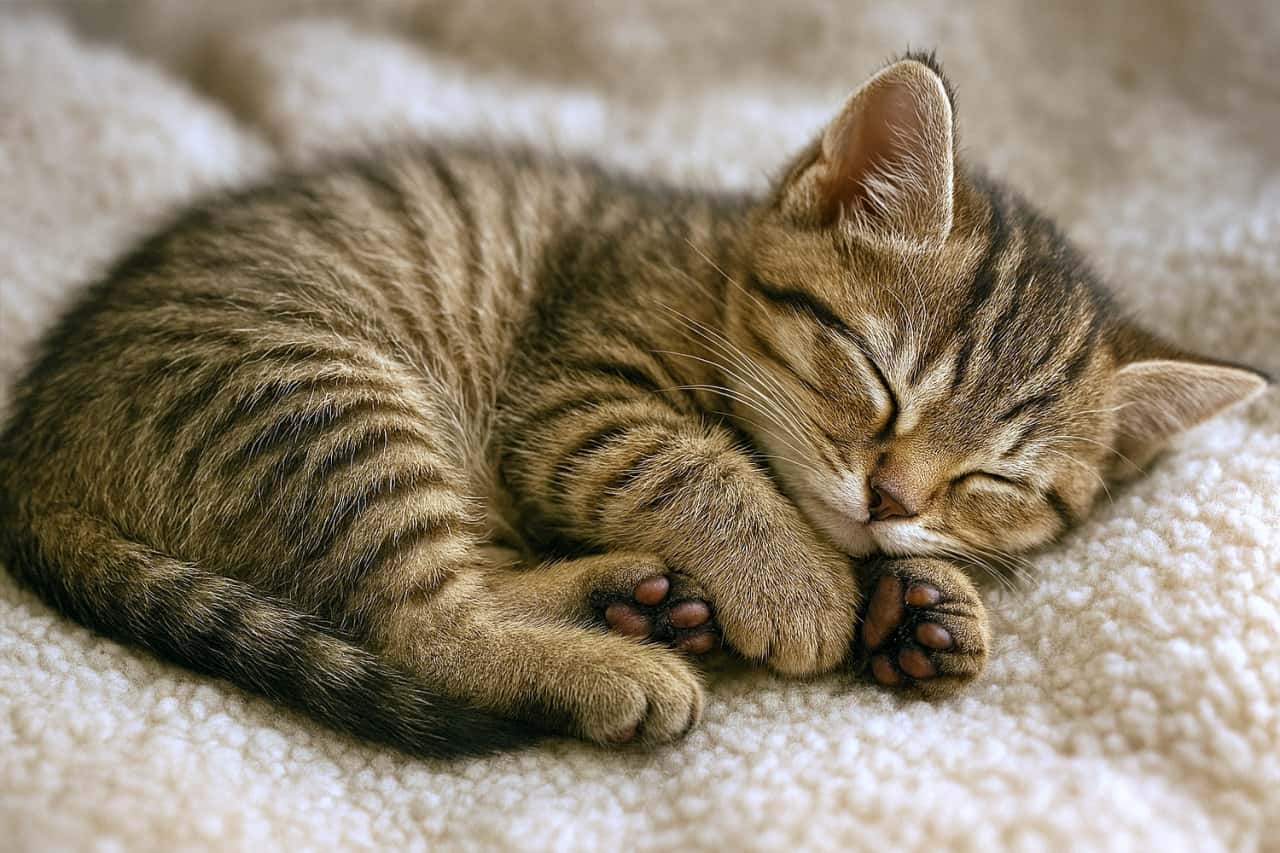 A curled-up tabby kitten sleeping peacefully on a soft beige fleece blanket, with one front paw tucked under its chin showing faint paw pads. The warm lighting and shallow depth of field enhance the cozy, serene atmosphere. ベージュの柔らかなフリース毛布の上で丸くなって眠るキジトラ子猫。前足の一本があごの下に添えられ、肉球がうっすらと見えている。暖かなライティングと浅い被写界深度が、穏やかで心地よい雰囲気を際立たせている