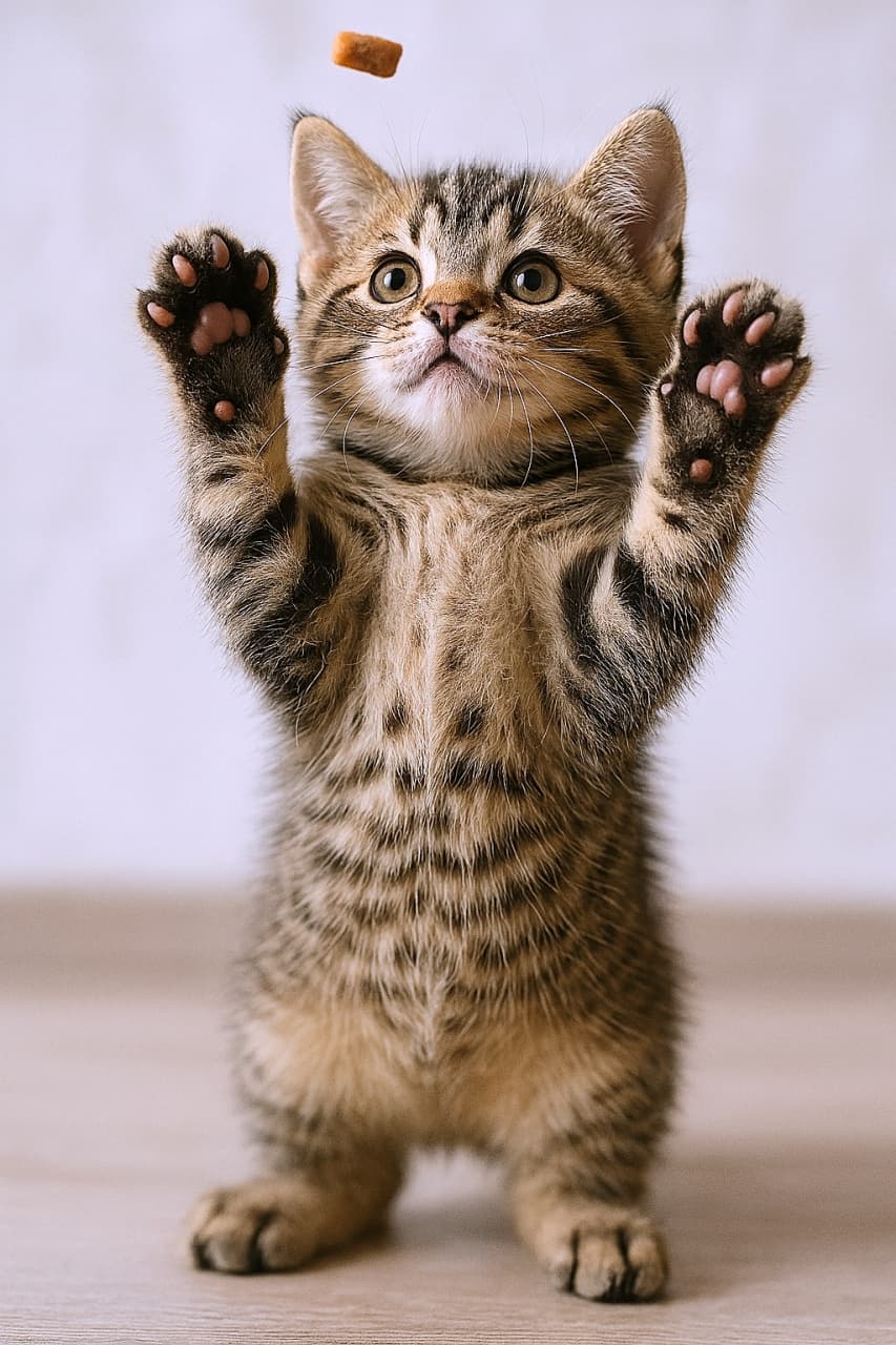 「おやつが降ってきた！ミーアキャット立ちで空中キャッチに挑戦。真剣な眼差しがカッコイイ！」A brown tabby kitten standing perfectly upright like a meerkat, looking up at a treat falling through the air. The kitten has its paws ready to catch it, displaying pink and brown pads. 空から落ちてくるおやつを見上げ、ミーアキャットのように直立しているキジトラの子猫。キャッチしようと両手を構えており、ピンクと茶色の肉球が見える