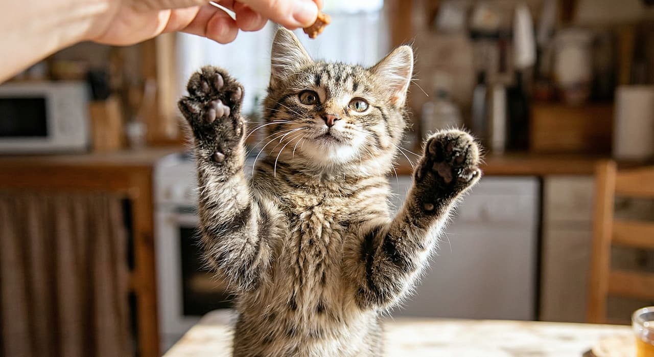 「キッチンで秘密のおやつタイム？テーブルの上で背伸びして「つまみ食い」成功なるか！？」A tabby kitten standing on hind legs on a kitchen table, reaching for a treat held by a person's hand. The blurred background shows kitchen appliances like a microwave and cabinets. キッチンのテーブルの上で立ち上がり、人の手からおやつをもらおうとしているキジトラの子猫。背景には電子レンジなどの家電がぼやけて見え、生活感がある