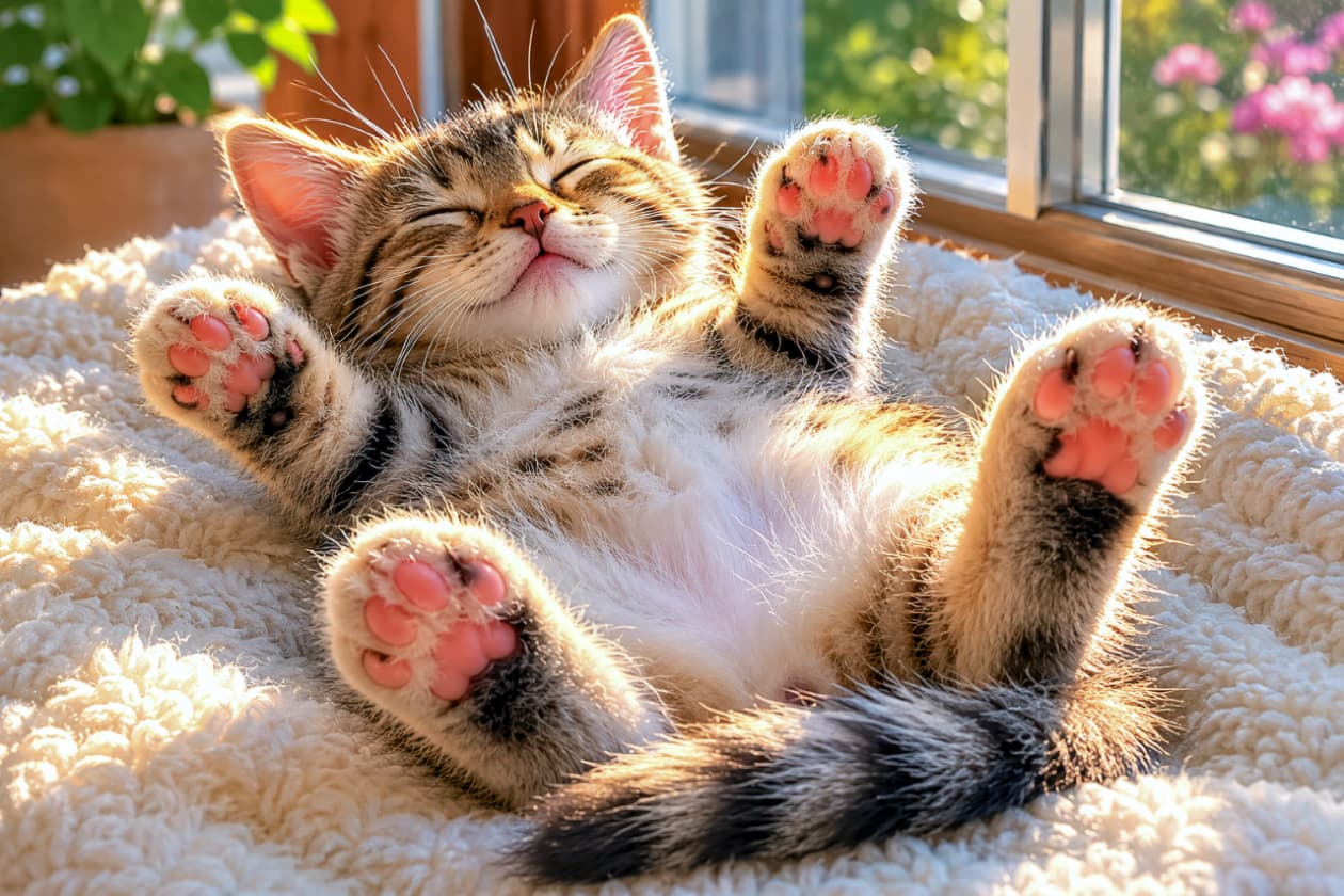 「おひさまの匂いがしそう🌞✨バンザイして夢の中へ…今日も1日お疲れ様でした🐾💤 #癒し画像 #ねこ部 #キジトラ #猫のいる暮らし #子猫 #へそ天」Ultra-realistic high-quality photograph of a tabby kitten lying on its back in a fluffy bed by a window, stretching its paws upward in the golden hour sunlight. The kitten has a blissful expression with closed eyes, and its translucent ears and plump pink toe beans are glowing beautifully. 黄金色の美しい斜光を浴びながら、窓辺のふわふわなベッドで仰向けにバンザイのポーズをとるキジトラの子猫。目を細めて至福の表情を浮かべ、日に透ける耳やふっくらとしたピンク色の肉球がドラマチックに輝いています